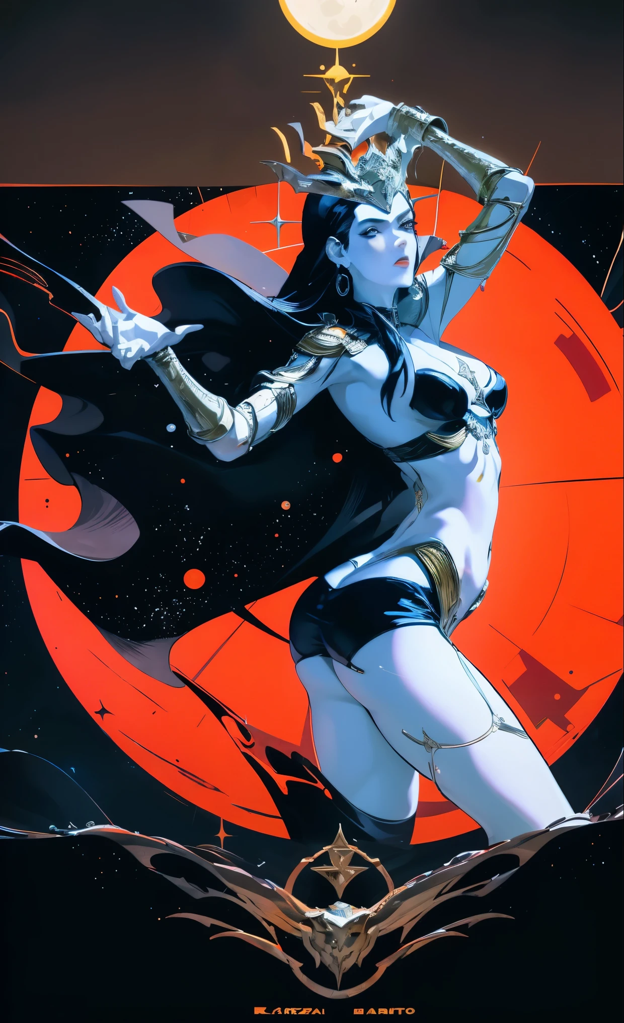 (masterpiece, top quality, best quality, official art, beautiful and aesthetic:1.2), (1girl:1.3), dark blue hair in braid, extremely detailed, portrait, looking at viewer, solo, (full body:0.6), detailed background, close up, (cool science fiction space theme:1.1), ((((blue skin)))), extremely busty sorceress, charlatan, mysterious, casting spells in space, four arms, revealing white and gold robes, crossed straps, criss cross straps, high neck, sleeveless, fingerless gloves, long gloves, glowing magical energy, blindfold, elaborate headdress, golden ceremonial crown, sheer white fabric, elegant robes, skirts, streamers, cowl, cape, sandals, bracers, ((((gigantic breasts, skindentation)))), slim waist, slim hips, long legs, athletic, SPACE, futuristic moon, (space exterior:1.1) background, dark mysterious lighting, shadows, magical atmosphere, dutch angle