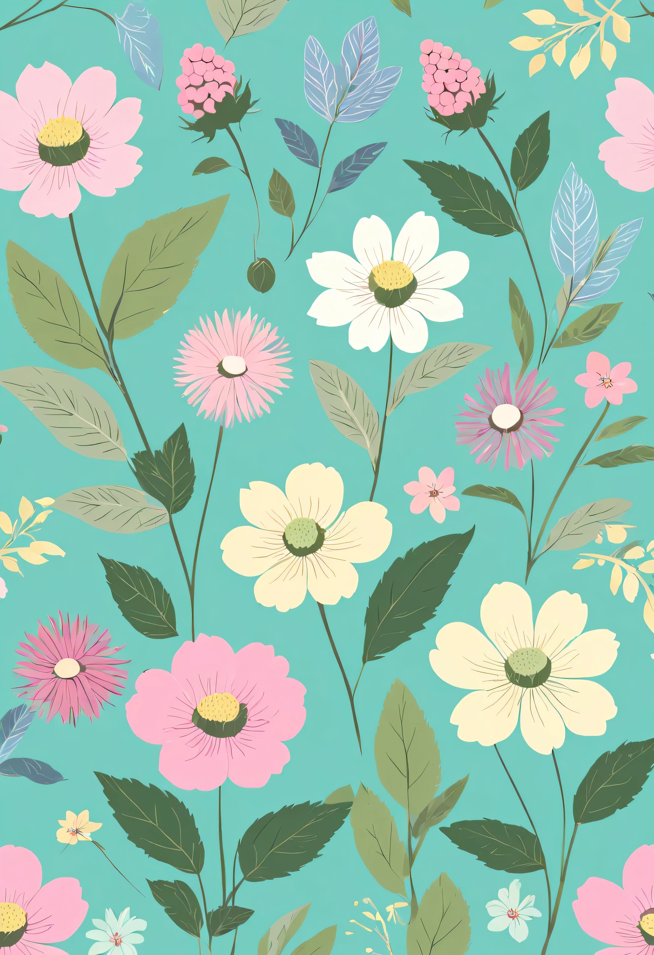 Small floral design, botanical style, label style, flat style, vector style, drawing style, naïve style, in very soft pastel colors, such as pink, pastel yellow, pastel raspberry, Pastel purple, pastel green, pastel blue, light blue, beige, light pastel pink