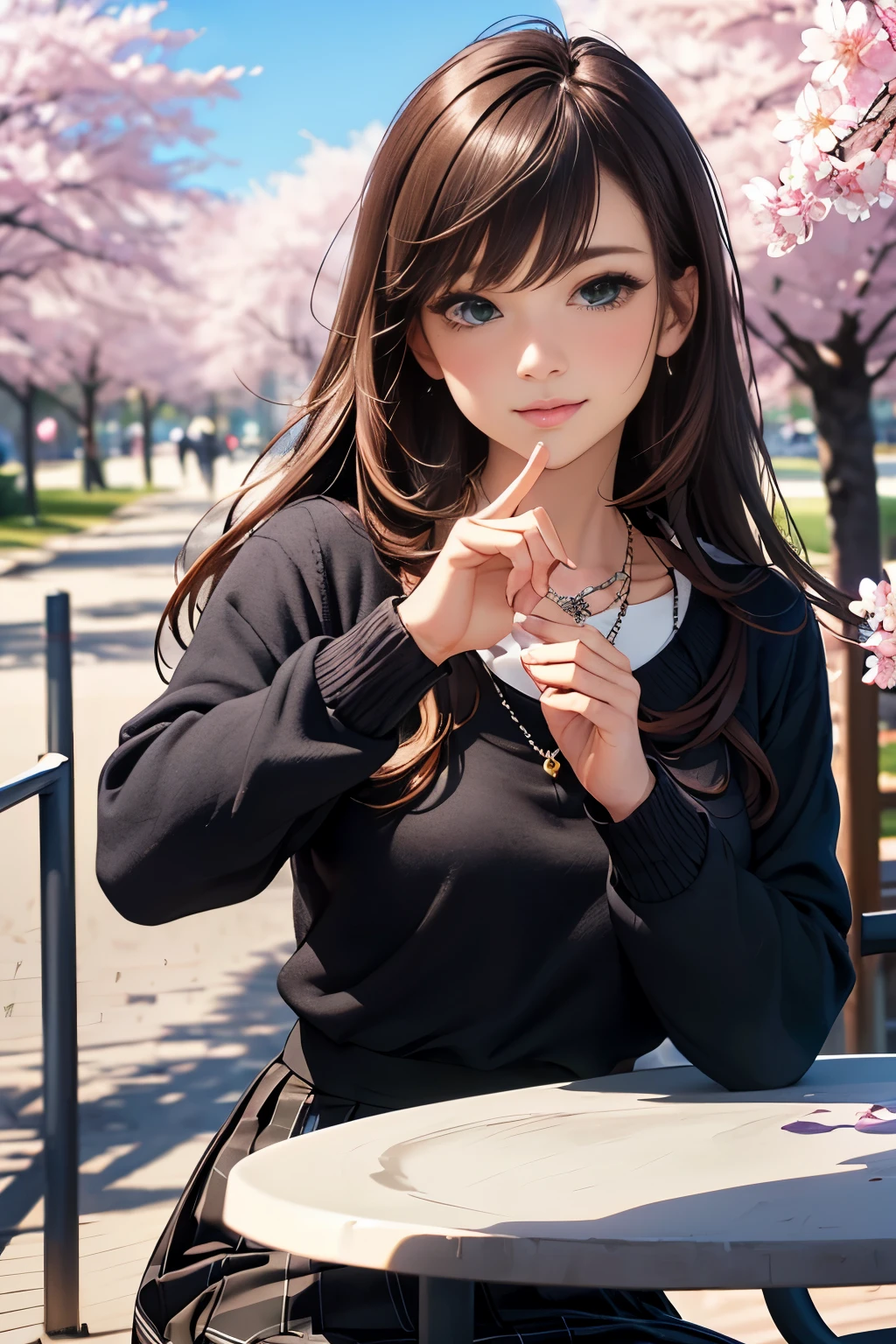((table top, highest quality, High resolution, nffsw, perfect pixel, written boundary depth, 4K, nffsw, nffsw))), 1 girl, single, alone, beautiful anime girl, beautiful art style, anime character, ((long hair, bangs, brown hair)), ((green eyes:1.4, round eyes, beautiful eyelashes, realistic eyes)), ((detailed face, blush:1.2)), ((smooth texture:0.75, realistic texture:0.65, realistic:1.1, Anime CG style)), dynamic angle, ((throw, Selfie Pose, portrait)), ((Black sweater, long sleeve, black skirt, plaid skirt, Fashionable, 1 diamond necklace)), smile, amusement park, ((cherry blossoms, cherry blossomsの花が散る))