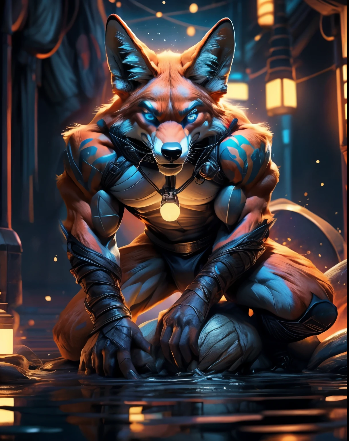 (mid_shot:1.3),(1 male:1.2),(muscle maned wolf:1.5),(frontal illumination:1.2),with a silver body and glitters with lights above,extreme iridescent reflection,in the style of vray tracing,vibrantmanga,shiny/ glossy,rococo pastel,fluid form,tinycore,fluid impressions,vray,machine aesthetics,yanjun cheng,silver,shiny eyes,fluidform.,the young warrior,male characteristics, detailed bulge, cyber