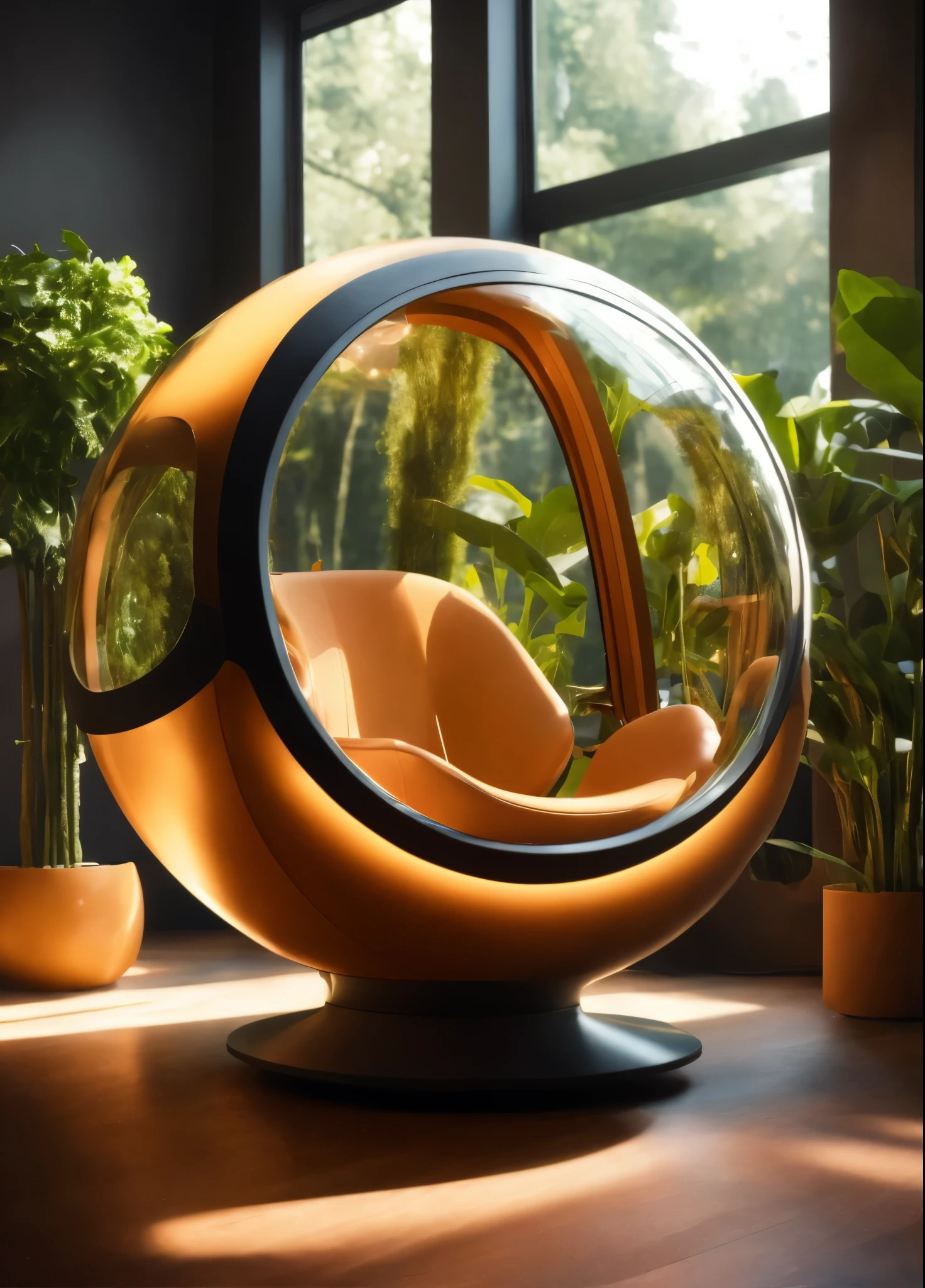 futuristic sci-fi pod chair, Flat Design, Product-View, editorial photography, transparent orb, product photography, natural lighting, plants, natural daytime lighting, zbrush, 8k, natural wooden environment