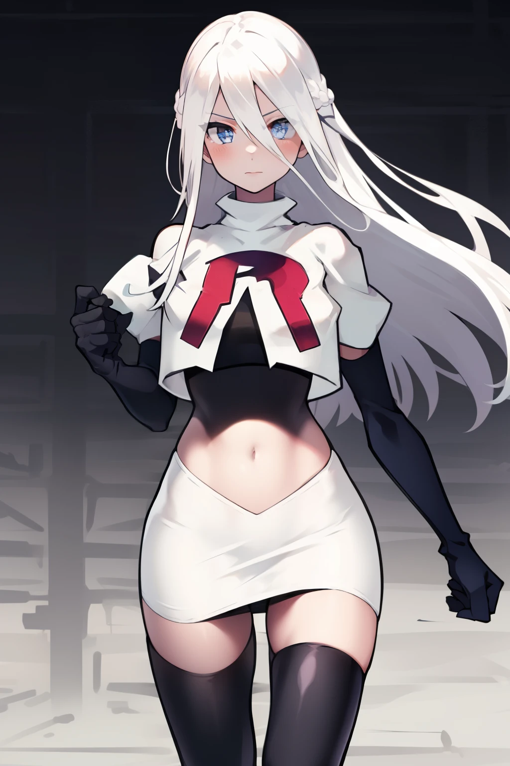 yorha type a no. 2, 1girl, absurdres,  android, blue eyes, hair between eyes, long hair, robot, solo, white hair, 

team rocket,team rocket uniform,white skirt,red letter R,crop top,black thigh-highs,black elbow gloves
