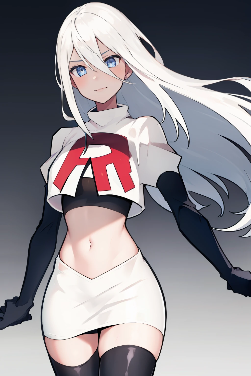 yorha type a no. 2, 1girl, absurdres,  android, blue eyes, hair between eyes, long hair, robot, solo, white hair, 

team rocket,team rocket uniform,white skirt,red letter R,crop top,black thigh-highs,black elbow gloves
