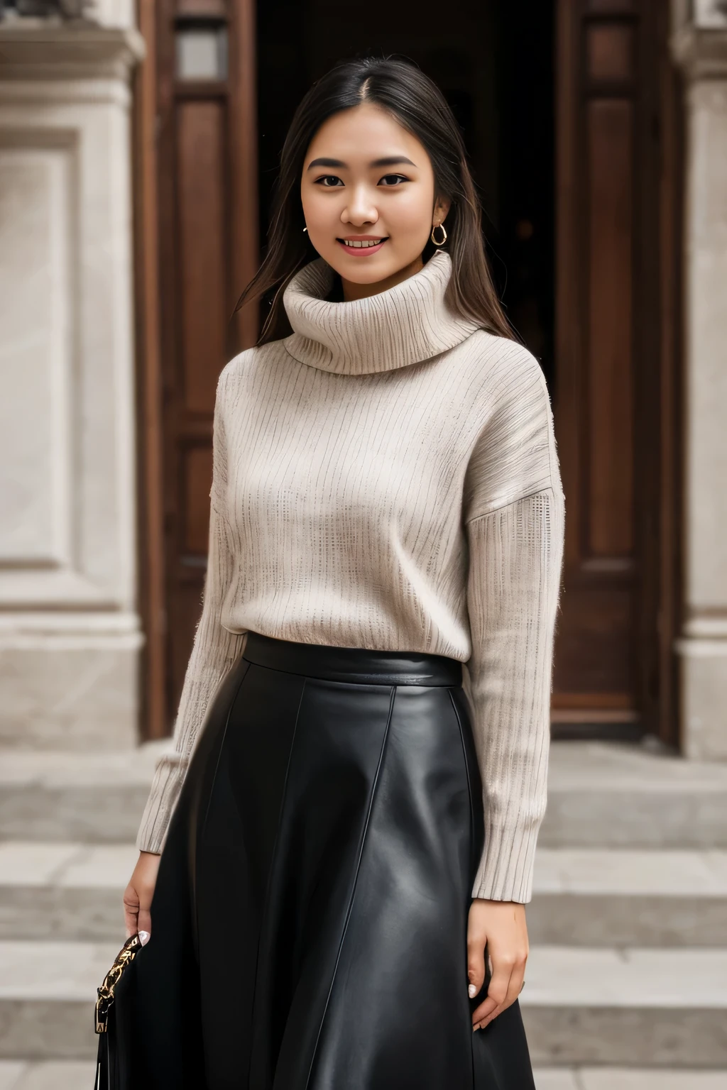 Continuous RAW photos, Photo of , Happy, whole body, open air, turtleneck sweater、long skirt, sultanpho, cloudy, detailed face, detailed background , Natural light, HDR, realistic pictures, professional photos, Flirting with viewers, Visual Sexy, realistic, Linda, natural skin, 8K UHD, high quality, film grain, Fujifilm XT3