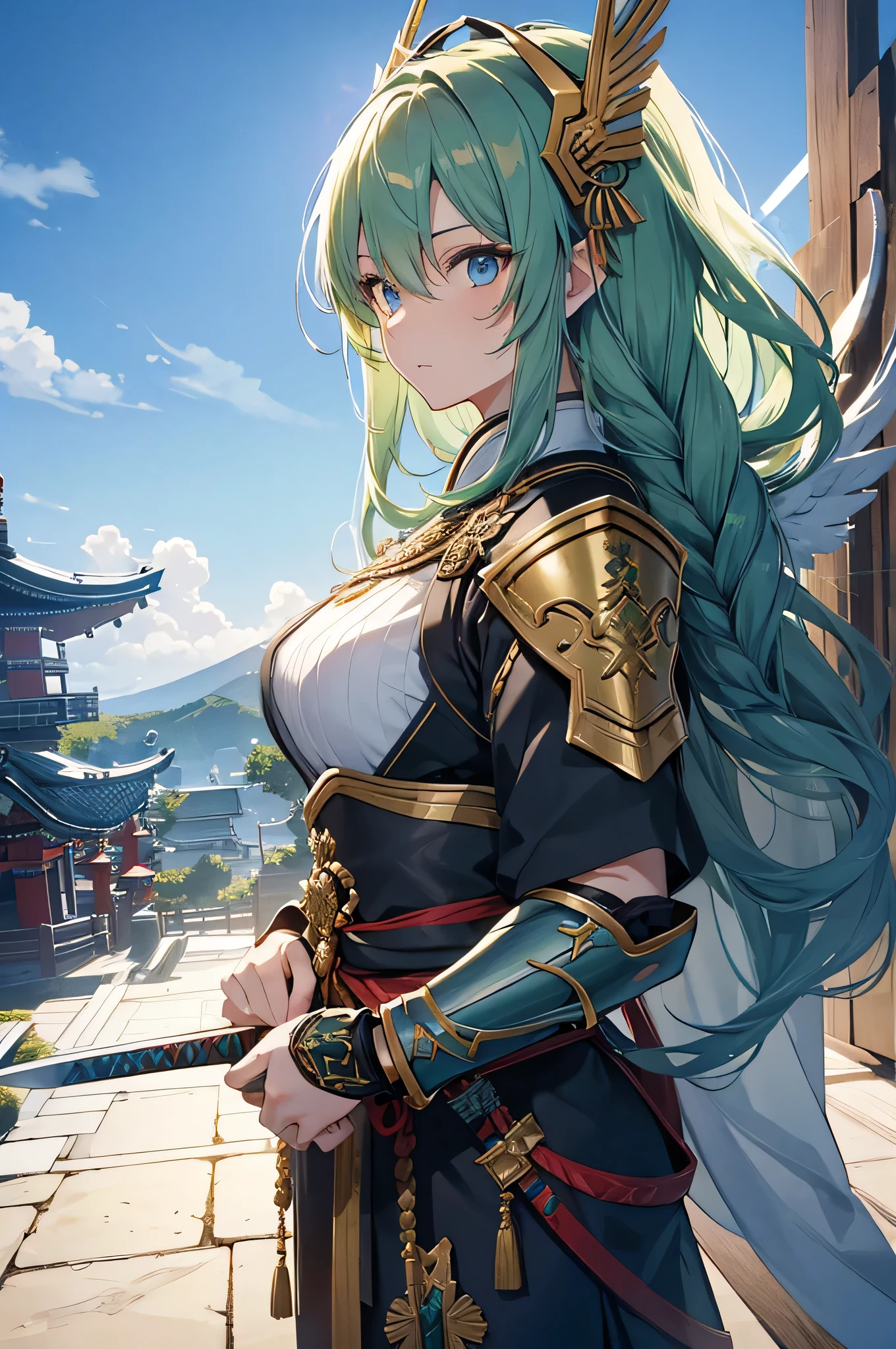 4K,High resolution,one woman,green hair,long hair,Braid,blue eyes,Valkyrie,warrior,gray holy armor,heavy armor,hat with feathers,Jewelry Decoration,gold decoration,sacred Japanese sword,temple in the sky