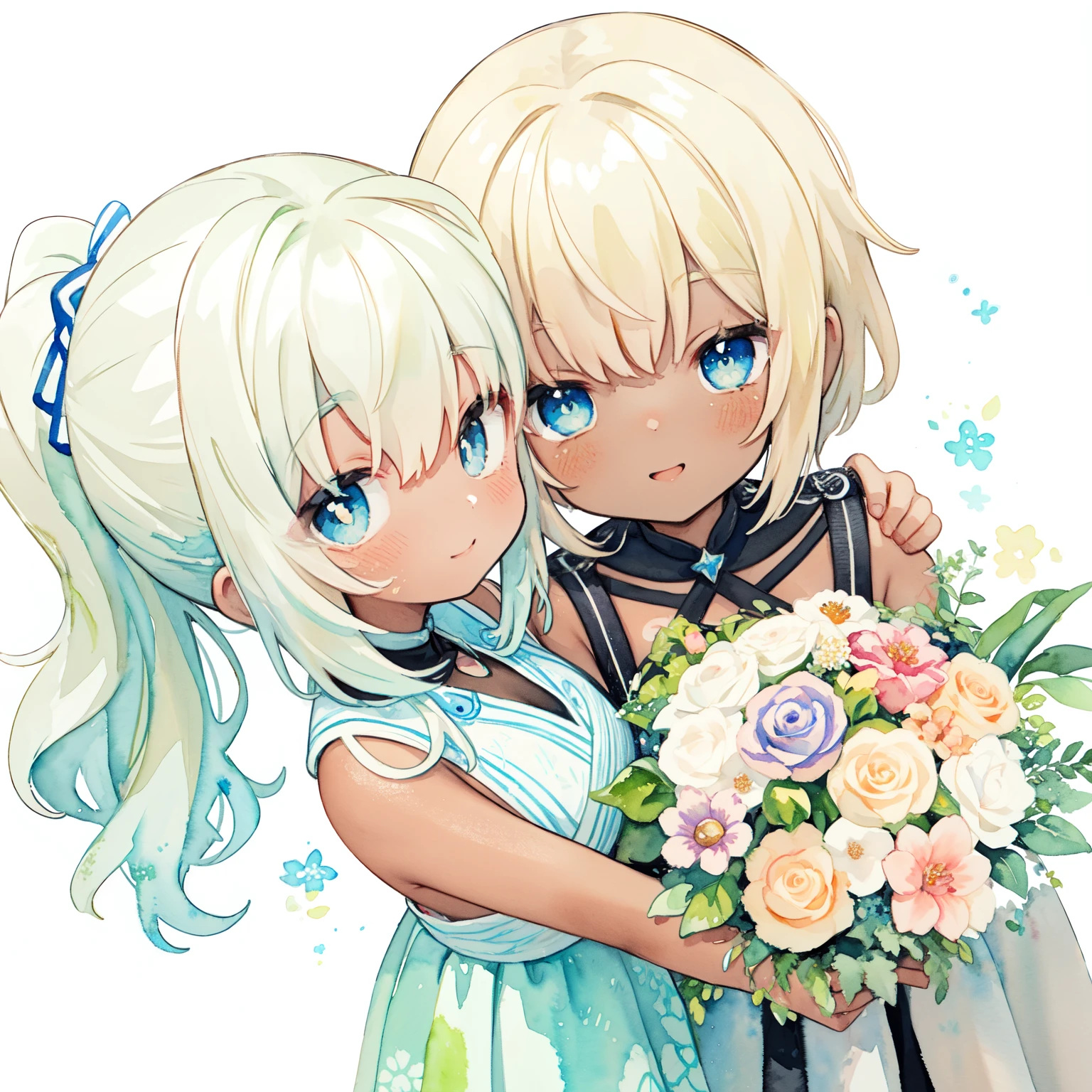 1 girl in:1.5,、face showing white background:1.3,(masterpiece), highest quality, expressive eyes, perfect face, blue eyes, round eyes, big anime eyes, Pupils in a solid circle, smile,blue eyes, carrying a large bouquet of flowers, , barefoot, , (((tanned skin、dark skin))),Golden hair、blonde ponytail:1.3 ,flower room、holland angle、 smile, hand over a bouquet:1.3、looking at the viewer, 、(pastel colour:1.3)、(cute illustration:1.3)、(watercolor painting:1.3)