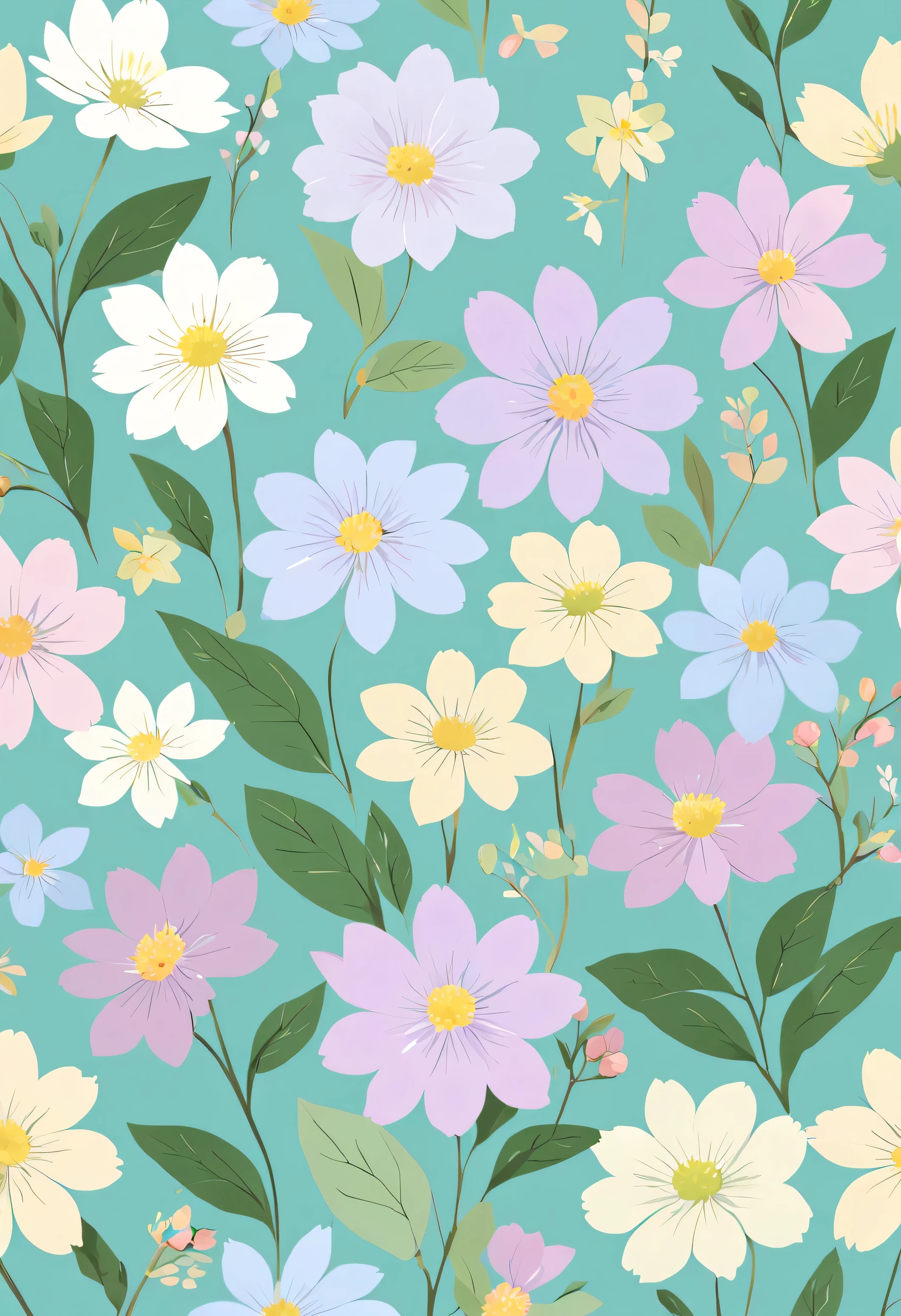 Small floral design, botanical style, small flowers, label style, flat style, vector style, drawing style, naïve style, in very soft pastel colors, delicate lilac, Soft pink, white6 pink, pastel yellow, pastel raspberry, Pastel purple, pastel green, pastel blue, light blue, beige, light pastel pink