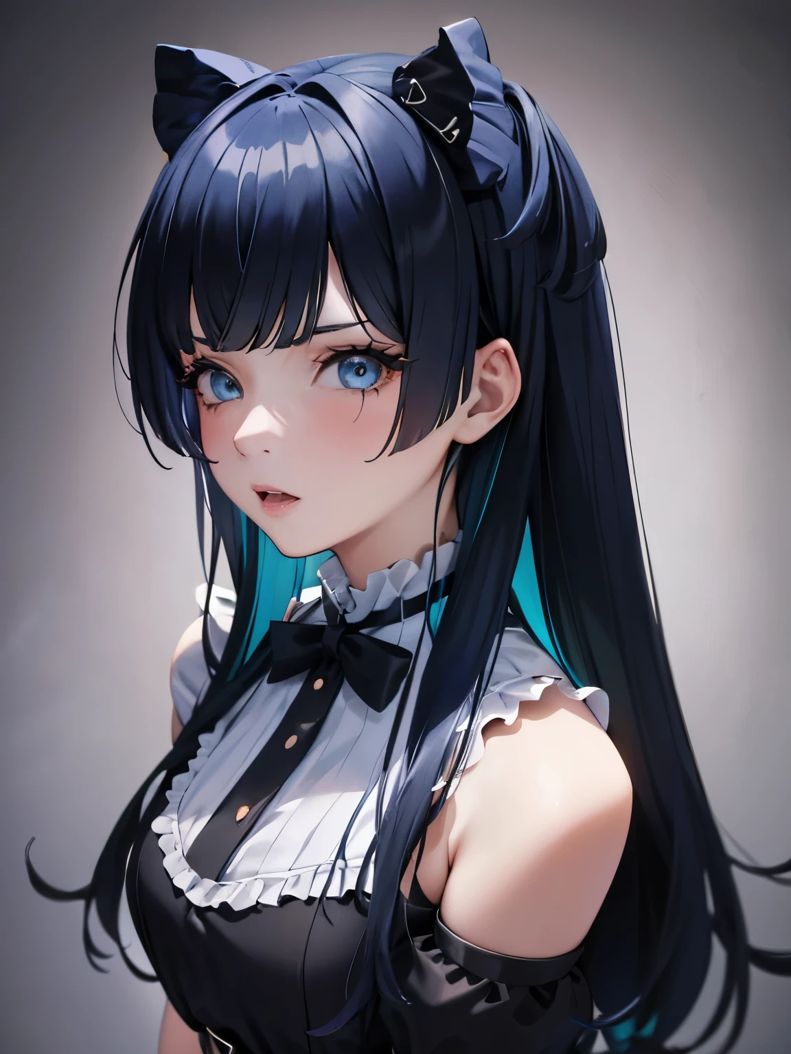 masterpiece, best quality, NSFW, 1girl, blue eyes, detailed facial features, realistic and high resolution (best quality, 4k, 8k, highres, masterpiece:1.2).(two-tone hair, blue hair, black hair), maid
