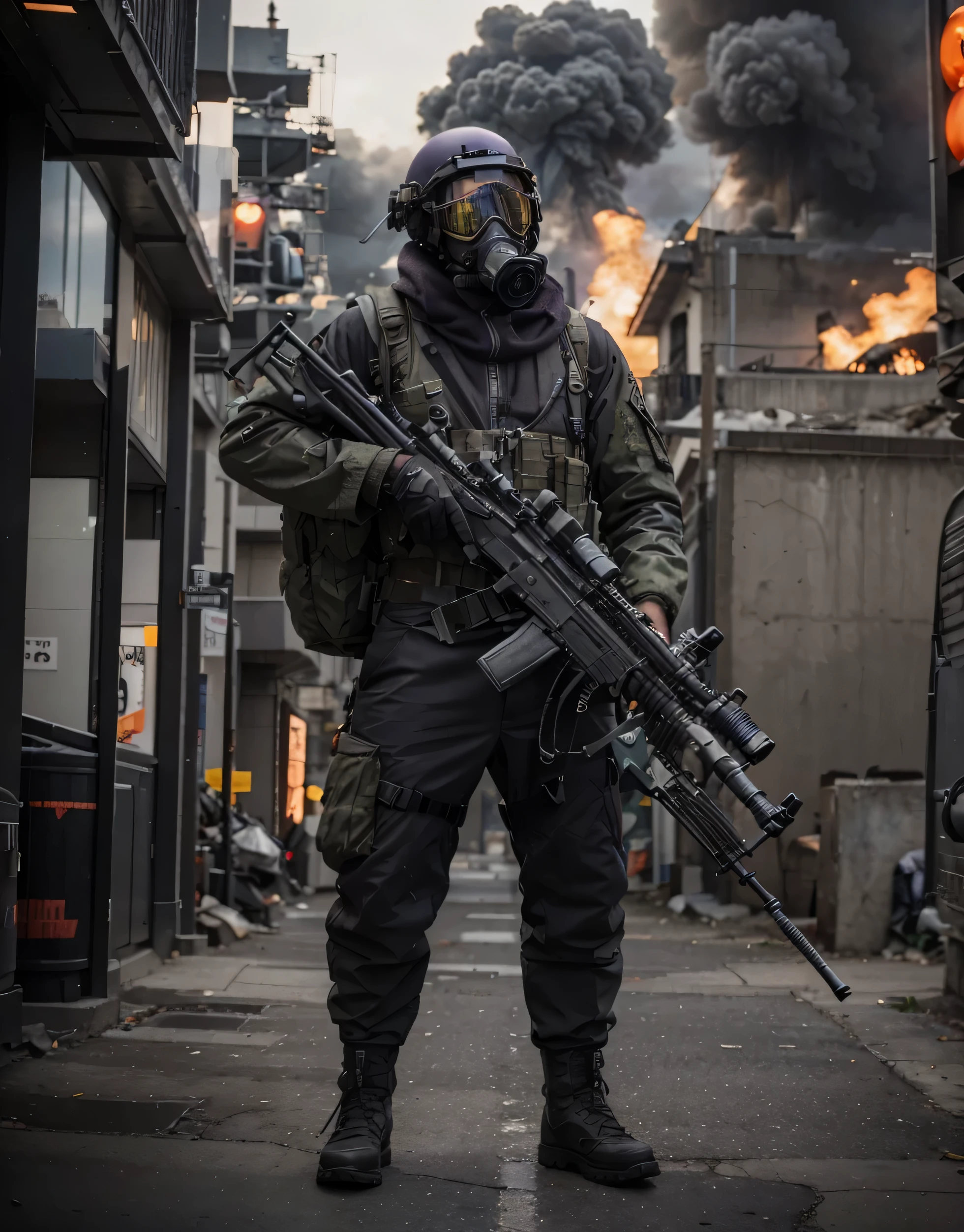 Arafed soldier with a gun and gas mask standing in a city street ...