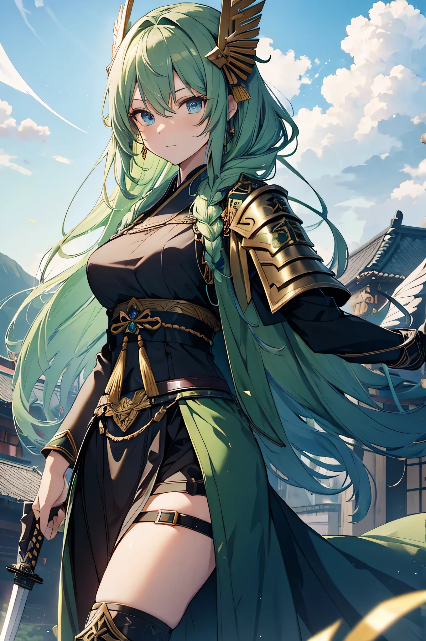 4K,High resolution,one woman,green hair,long hair,Braid,blue eyes,Valkyrie,warrior,gray holy armor,heavy armor,hat with feathers,Jewelry Decoration,gold decoration,sacred Japanese sword,temple in the sky