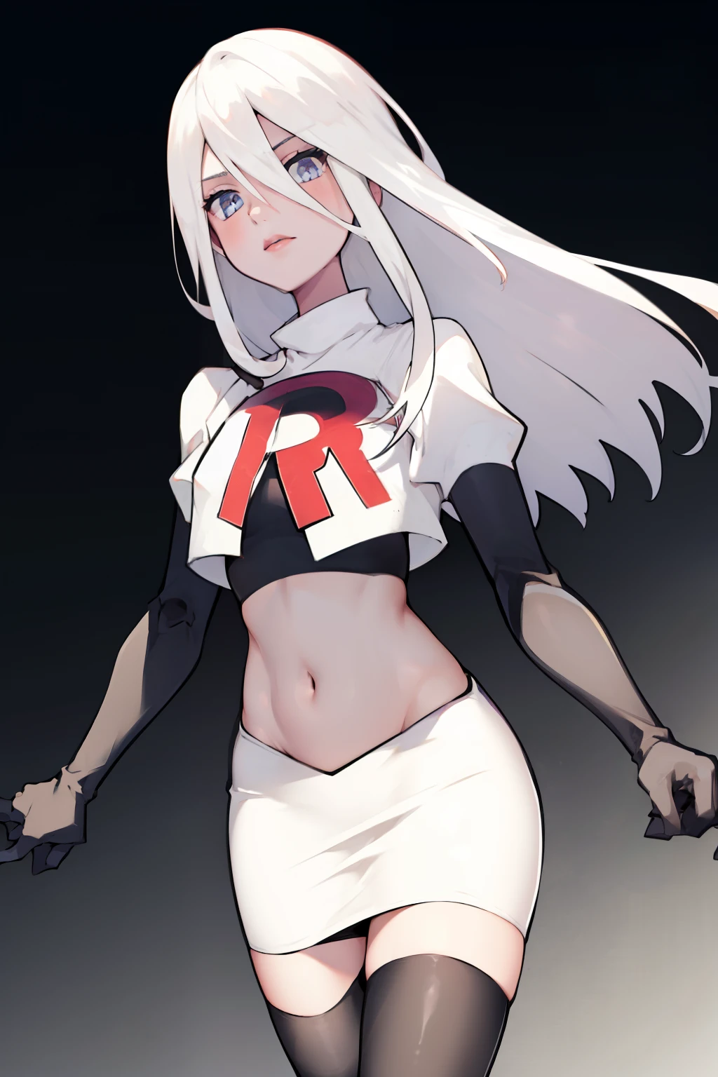 yorha type a no. 2, 1girl, absurdres, android, blue eyes, hair between eyes, long hair, robot, solo, white hair,
team rocket,team rocket uniform,white skirt,red letter R,crop top,black thigh-highs,black elbow gloves