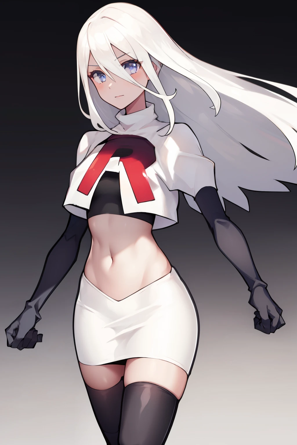 yorha type a no. 2, 1girl, absurdres,  android, blue eyes, hair between eyes, long hair, robot, solo, white hair, 

team rocket,team rocket uniform,white skirt,red letter R,crop top,black thigh-highs,black elbow gloves
