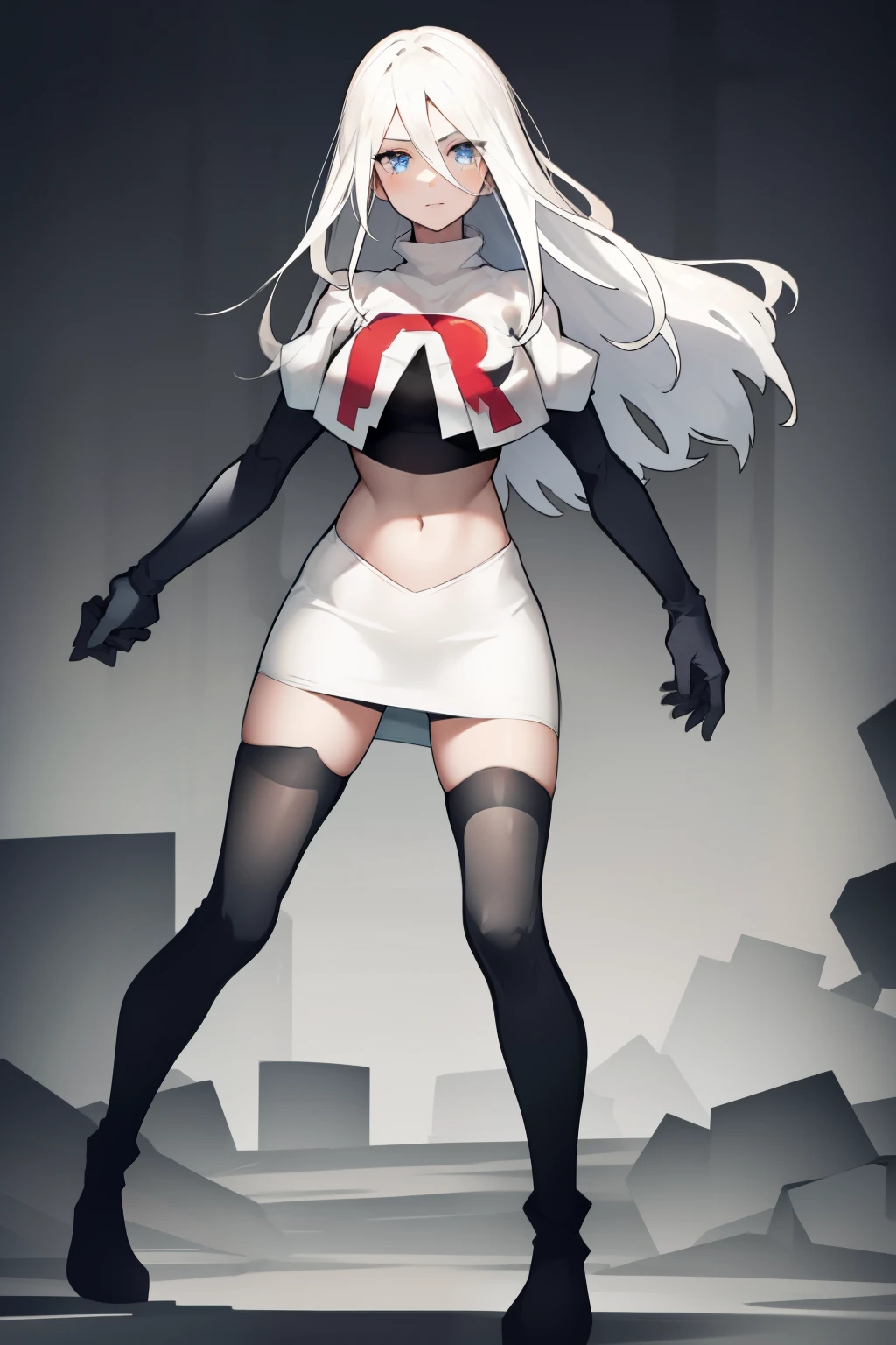 yorha type a no. 2, 1girl, absurdres,  android, blue eyes, hair between eyes, long hair, robot, solo, white hair, 

team rocket,team rocket uniform,white skirt,red letter R,crop top,black thigh-highs,black elbow gloves
