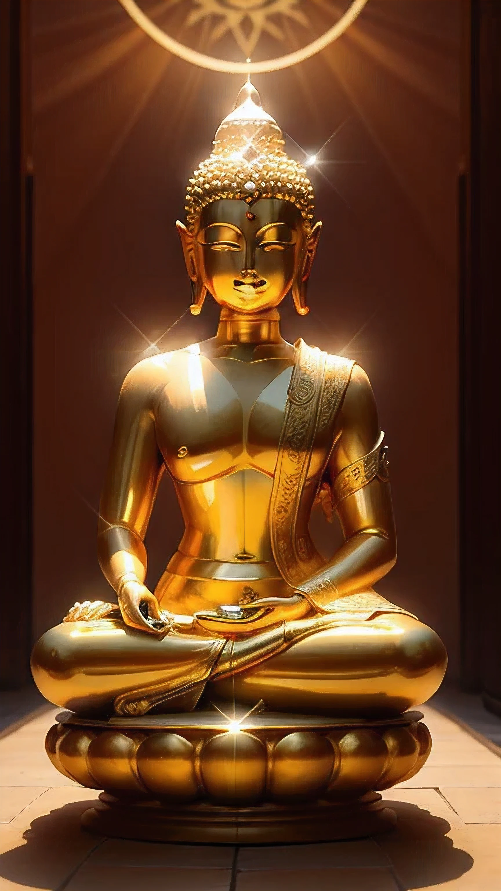 Golden Buddha statue with a shining halo, Buddha教, Buddha陀, Buddha教徒, Buddha, reincarnation, enlightenment, beautiful gold saint, spiritual enlightenment, pushkaraka, enlightenment, Buddha教美術, shining golden aura, enlightenment. Complex, path to enlightenment, path to enlightenment, emits golden light

