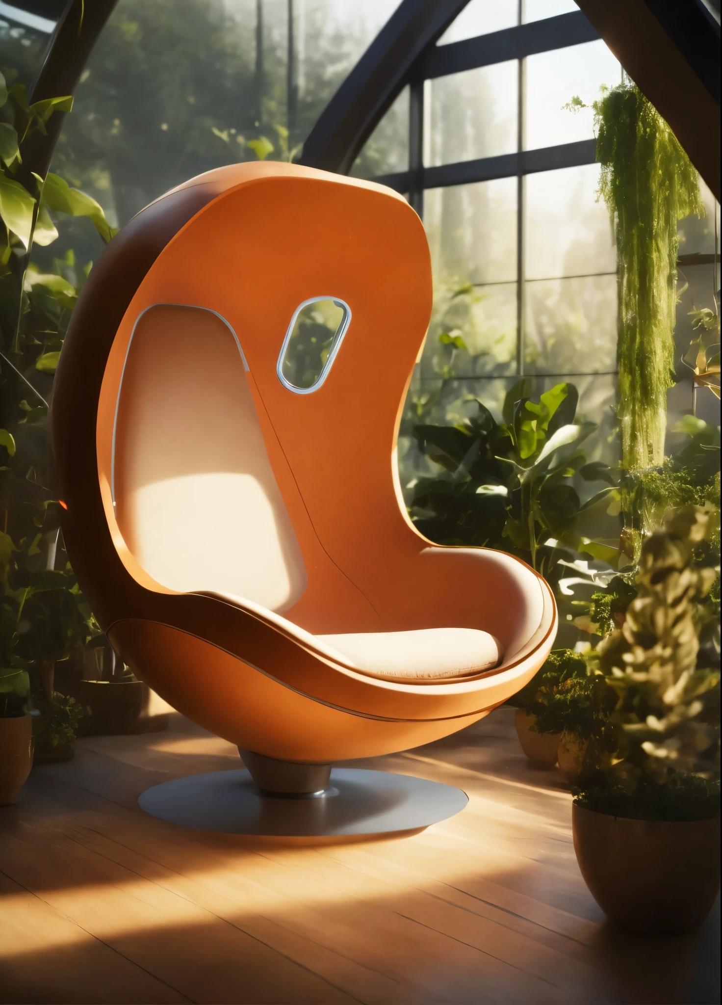 futuristic sci-fi pod chair, Flat Design, Product-View, editorial photography, transparent orb, product photography, natural lighting, plants, natural daytime lighting, zbrush, 8k, natural wooden environment