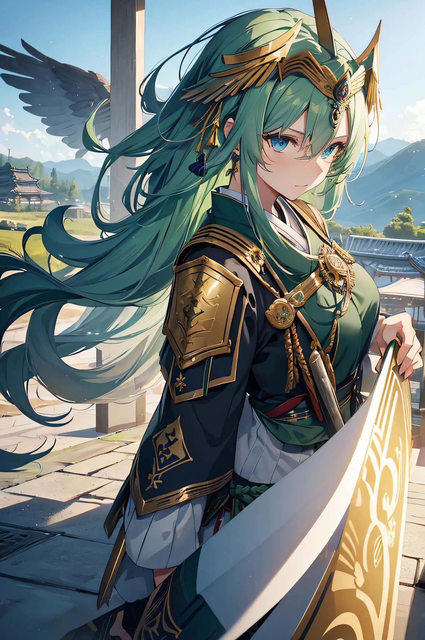4K,High resolution,one woman,green hair,long hair,Braid,blue eyes,Valkyrie,warrior,gray holy armor,heavy armor,hat with feathers,Jewelry Decoration,gold decoration,sacred Japanese sword,temple in the sky