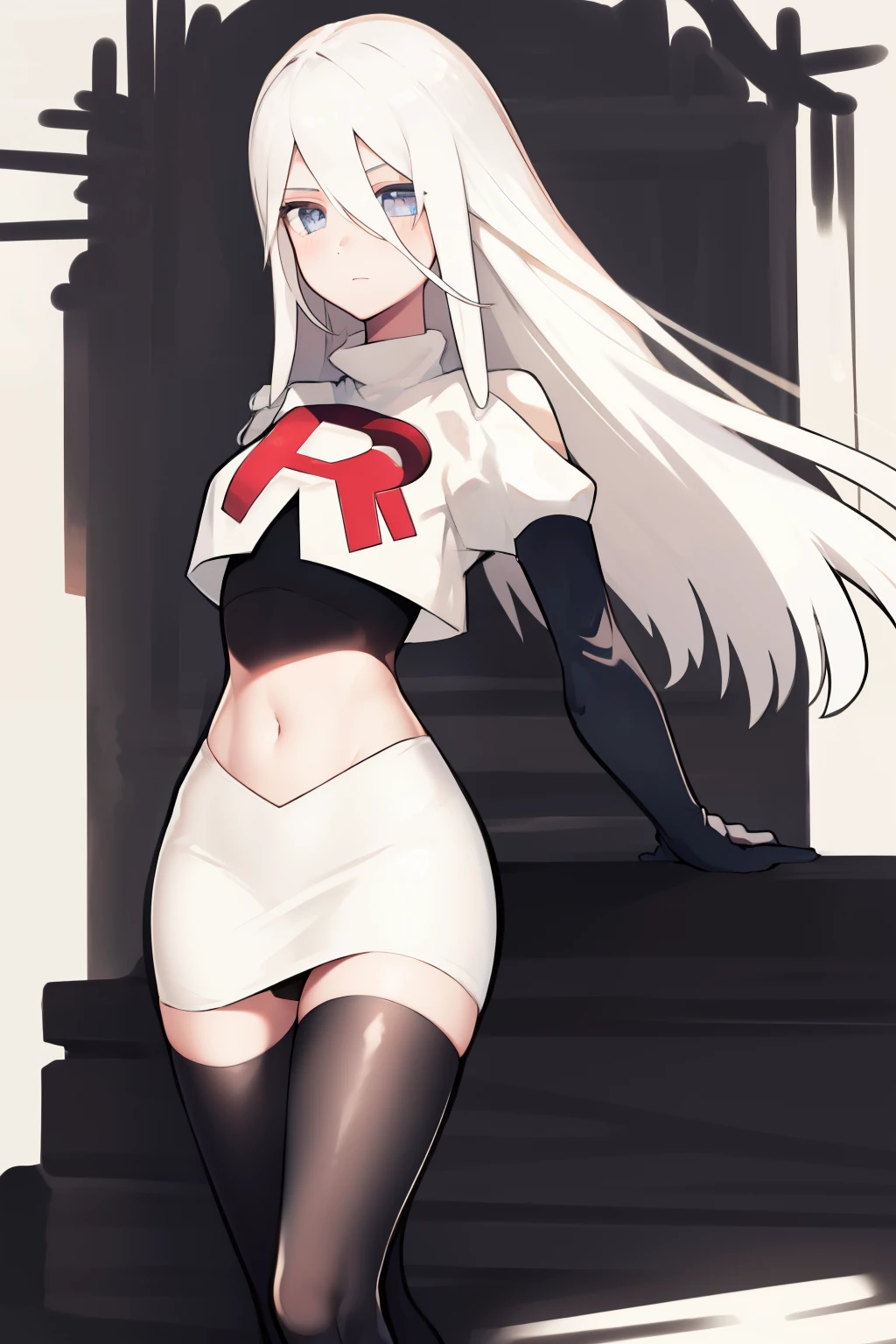 yorha type a no. 2, 1girl, absurdres,  android, blue eyes, hair between eyes, long hair, robot, solo, white hair, 

team rocket,team rocket uniform,white skirt,red letter R,crop top,black thigh-highs,black elbow gloves
