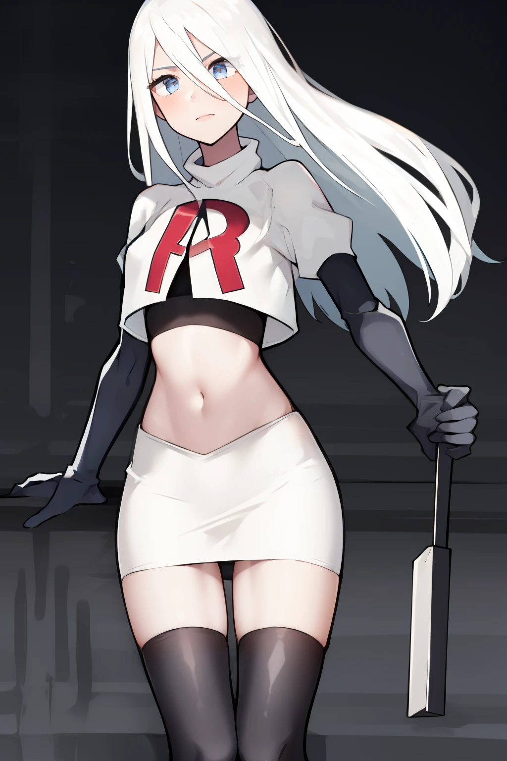 yorha type a no. 2, 1girl, absurdres,  android, blue eyes, hair between eyes, long hair, robot, solo, white hair, 

team rocket,team rocket uniform,white skirt,red letter R,crop top,black thigh-highs,black elbow gloves
