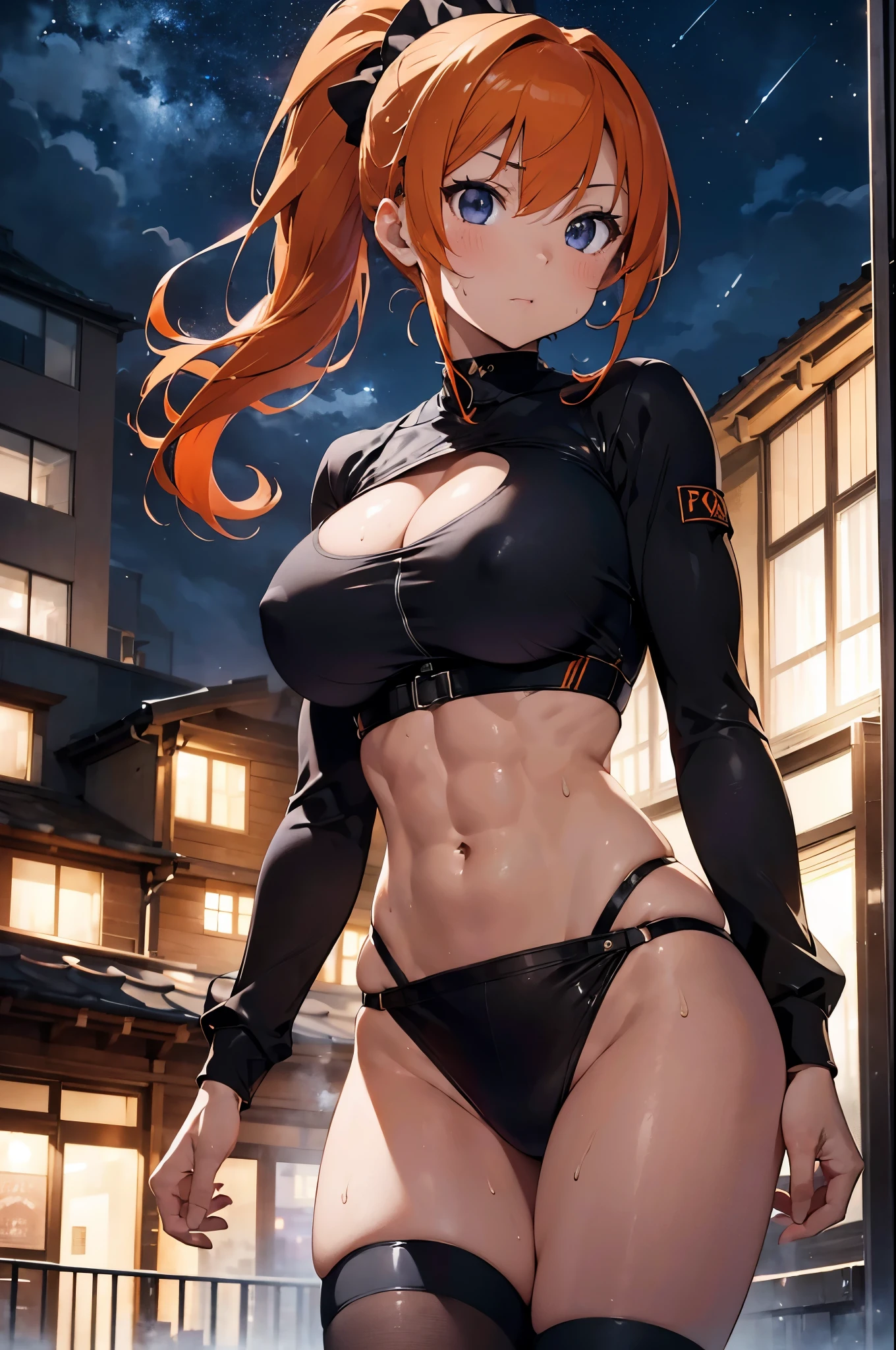 masterpiece, best quality, ultra detailed, ultra high resolution, very detailed face, anime, woman, 24 years old, orange hair, ponytail, black maid costume, action posing, huge breast, slim body, tall, exposing an abdomen, (six pack abs:1.2), in the top of the building, night sky, outdoor, serious face, sweat