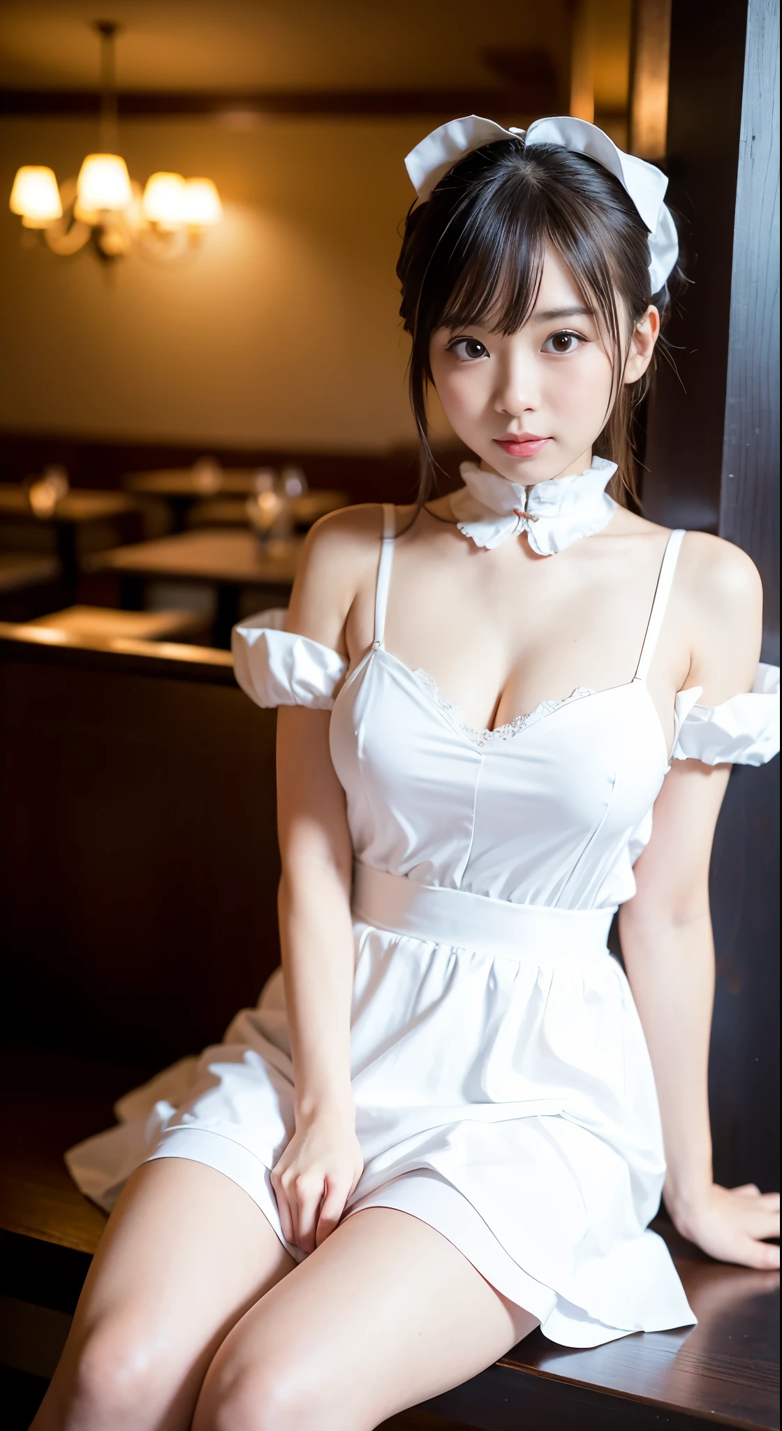 There is a woman sitting on a bench in a restaurant, spread legs,show white panties,sexy,anna millers uniform、She is raising her right knee and showing her white panties.、spread your legs,Show white panties,thin waist、big exy ponytail、Sexy、Girl to La(Girl and La)(Girl and La)(Girl and La)(Girl and La)(Girl and La), Ayaka cosplay, white and orange breastplate, maid dress, anime girl cosplay, , wearing a maid outfit, cosplay, maid costume, maid costumeを着たアニメの女の子