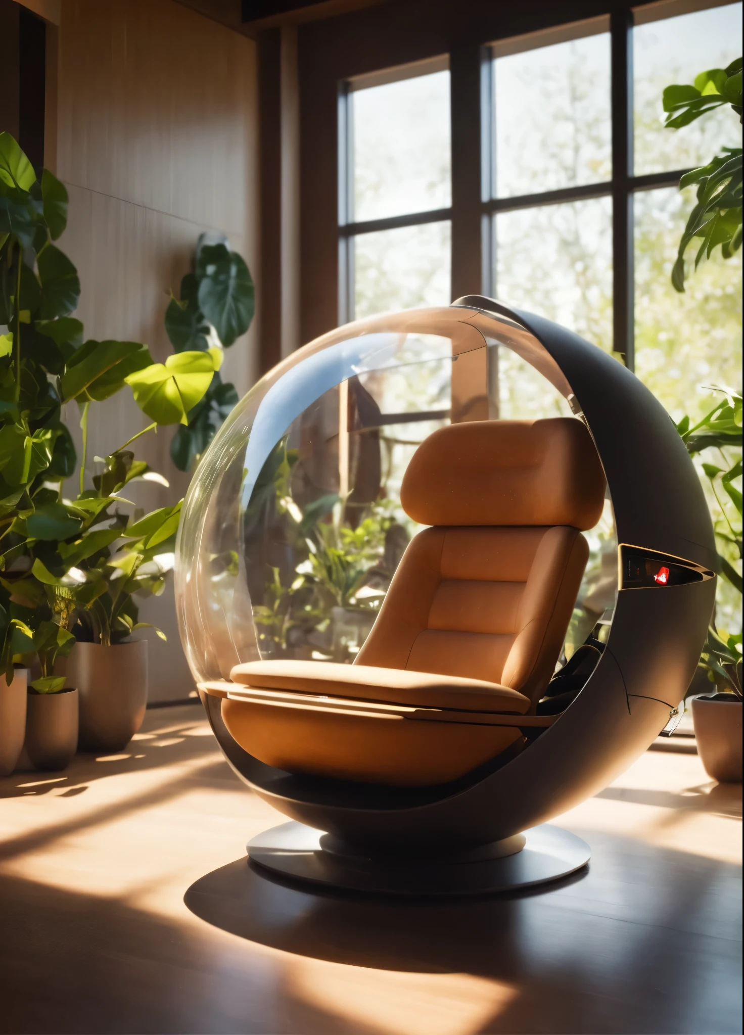 futuristic sci-fi pod chair, Flat Design, Product-View, editorial photography, transparent orb, product photography, natural lighting, plants, natural daytime lighting, zbrush, 8k, natural wooden environment