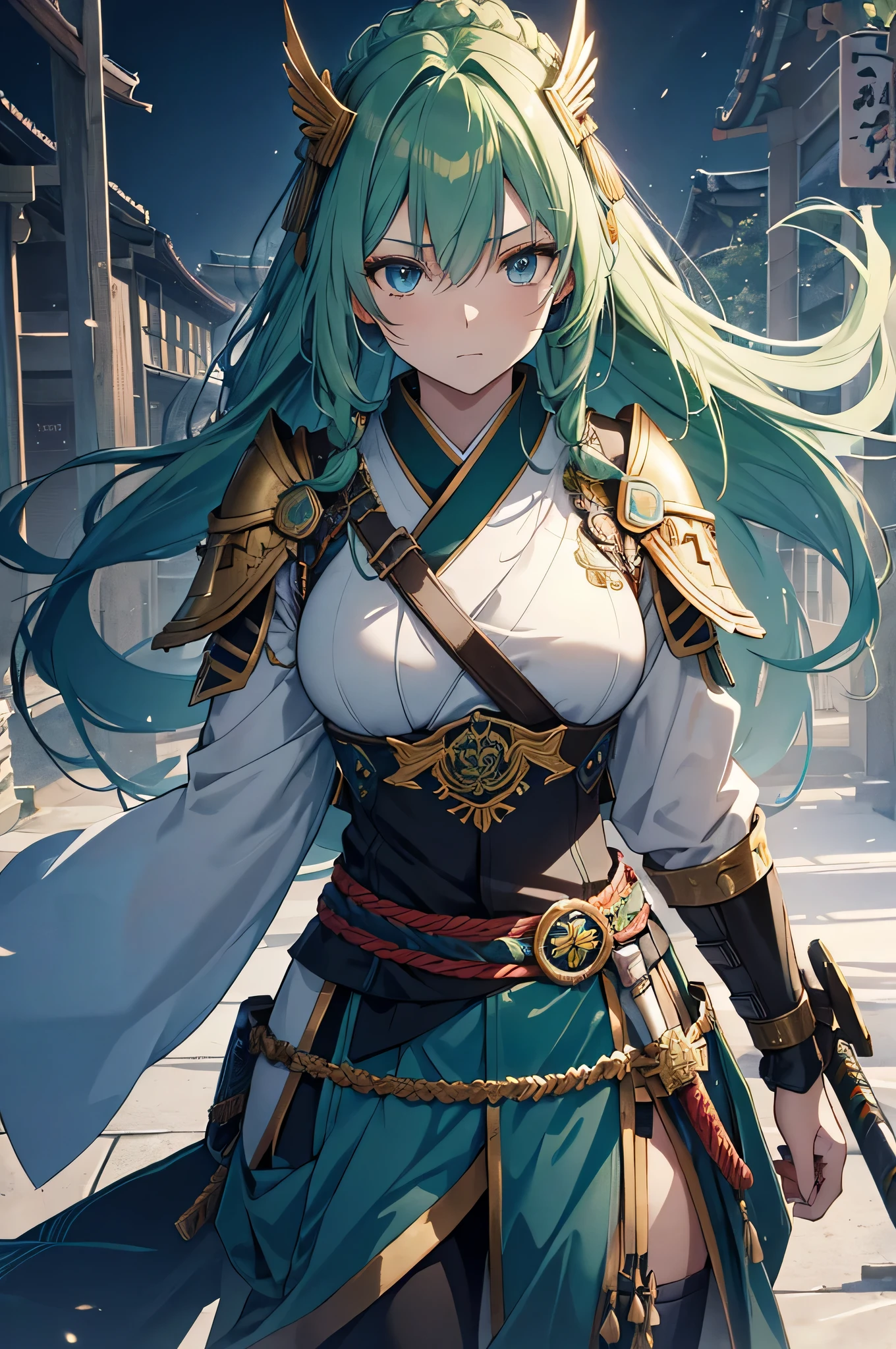 4K,High resolution,one woman,green hair,long hair,Braid,blue eyes,Valkyrie,warrior,gray holy armor,heavy armor,hat with feathers,Jewelry Decoration,gold decoration,sacred Japanese sword,temple in the sky