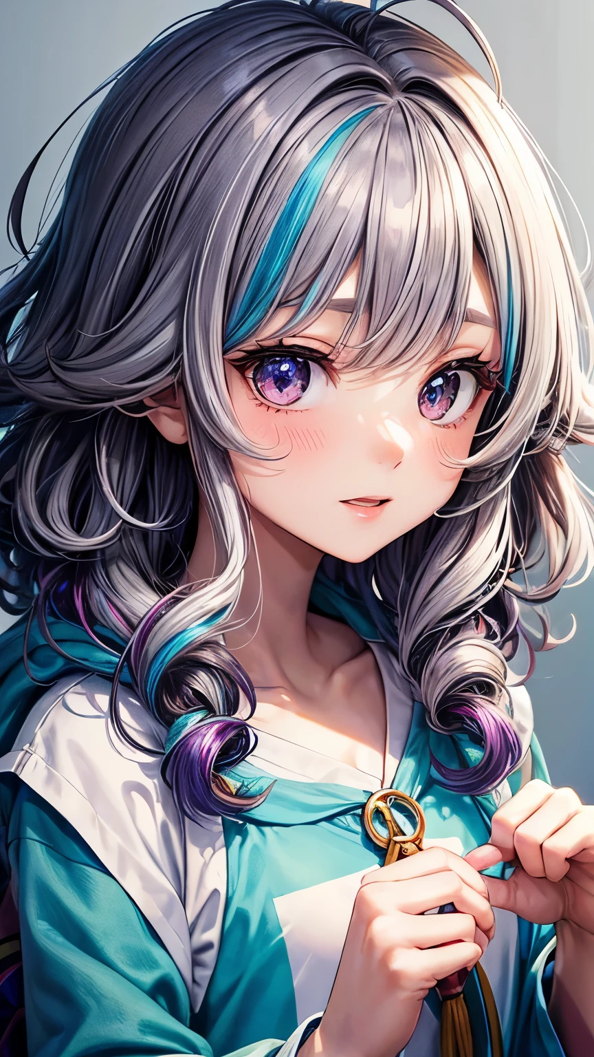 25 years old Japanese lady (( small breast, slender)), short wavy hair,((smooth curly hair)), (( rainbow colored ))(( various colored highlights)),(( so much shaggy forelock:1.4)), bluish purple tunic, wearing a blue hoodie((maple leaf patterns )), ((shiny heterochromia big droopy eyes)), eyelashes, passionate smile, tidy and easygoing atmosphere, ((face focus)), blush