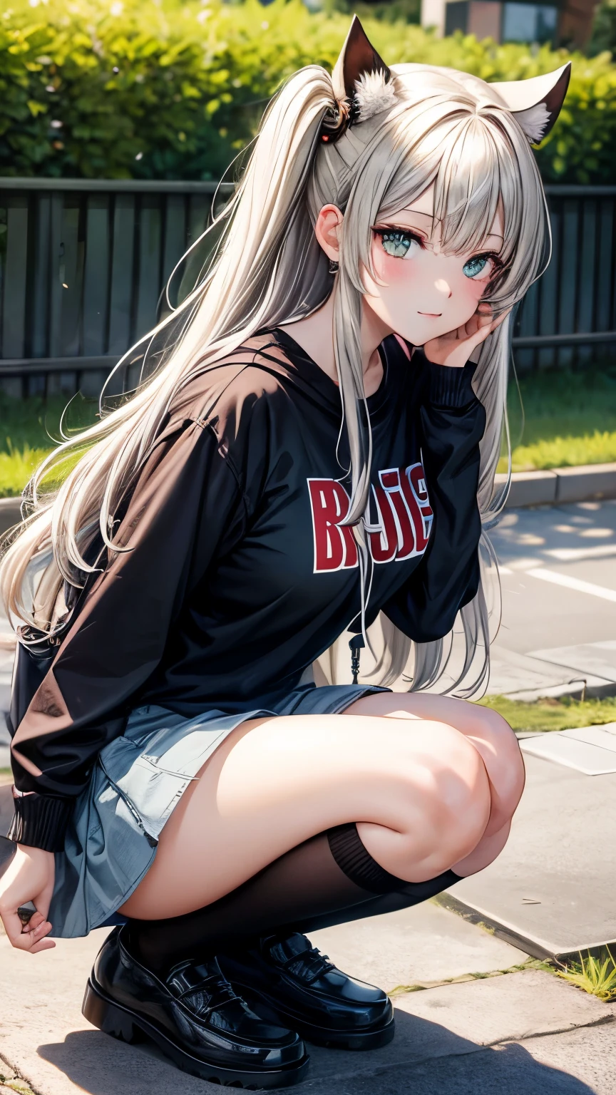 Anime Girl, rote Haare, green eyes, Katze im Hintergrund, Anime Girl trägt eine Hose mit Kuh Muster, big t-shirt, White socks, Anime Girl trägt Piercings