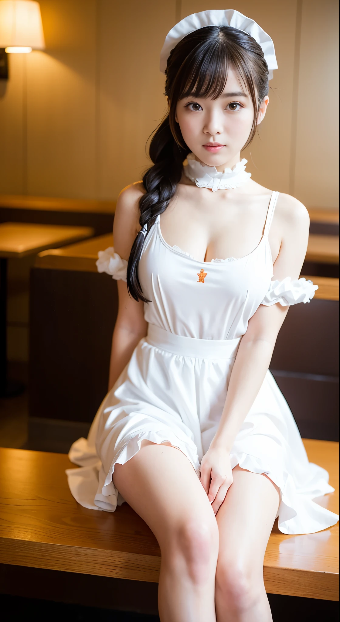 ( best quality、8K、masterpiece、Practical:1.3 )、 1 female、( A garden with a classic and famous castle as the background )、( Very high quality dark background : 1.2)、Natural bright sunlight、Blue sky、Brown hair tied up、Beautiful Women in Perfect Shape: 1.4、Highly detailed face and skin textures、delicate eyes、Double eyelids、far away : 1.2 、I can see the whole body、White maid、White maid headband、Ruffled shirt、Ribbon Tie、apron、High heel 、 ( Skirt lift show : 1.3 )