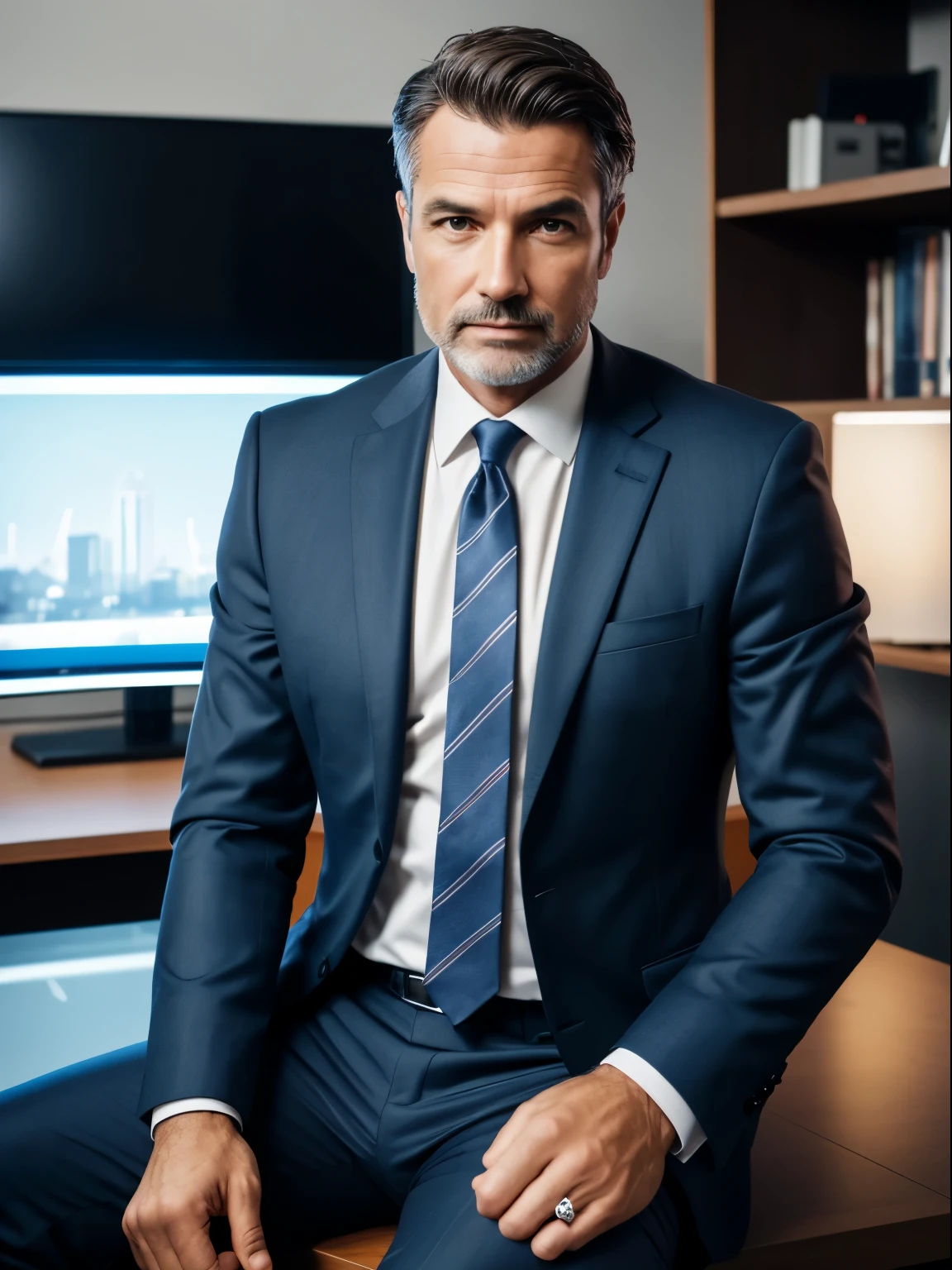 a man, sitting cross-legged, 50 years old in a suit and tie, who looks like a TV presenter, Body and head straight in the photo, facing the photo viewer, 1 person, detailed, perfect lighting, dsrl, professional photo , 4k
