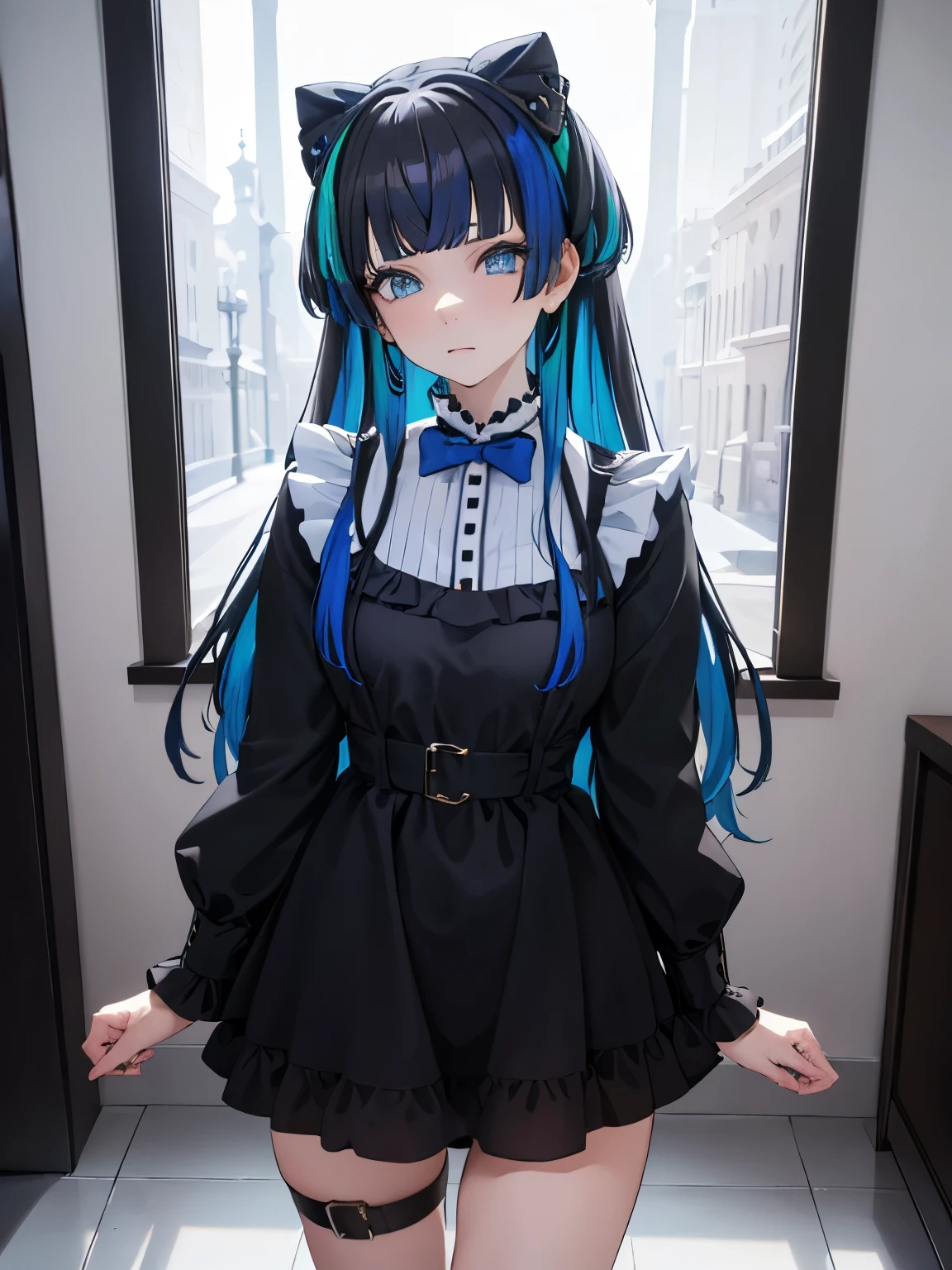 masterpiece, best quality, NSFW, 1girl, blue eyes, detailed facial features, realistic and high resolution (best quality, 4k, 8k, highres, masterpiece:1.2).(two-tone hair, blue hair, black hair), maid