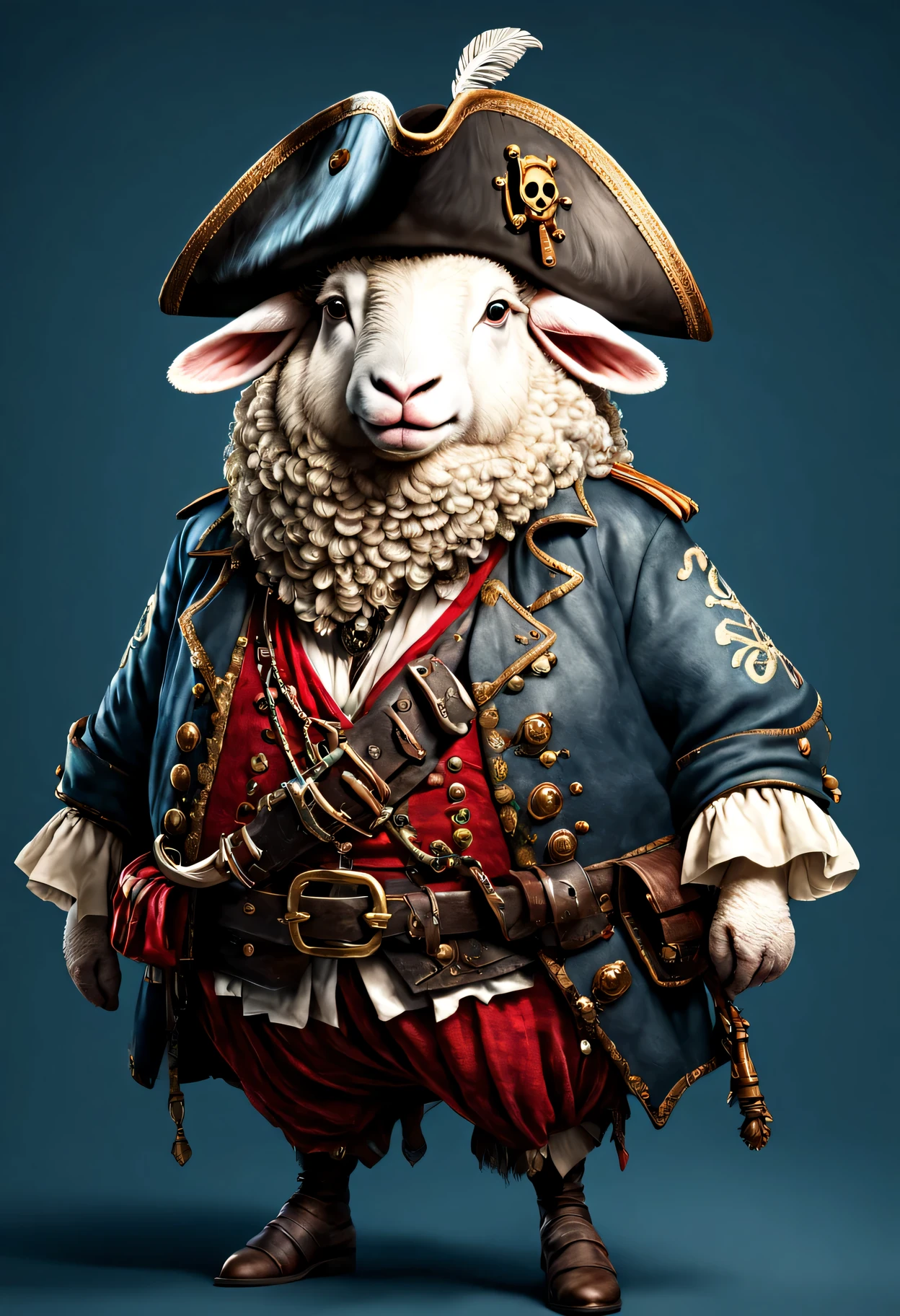photorealistic portrait of Dressed animals - a ((fat)) sheep pirate,(brave pose), high quality,(lovely) ,intricate details, highly detailed ((pirate's hat and clothes)) ,,highly detailed decorations, , (brave), studio lighting,(full body image:1.5)
