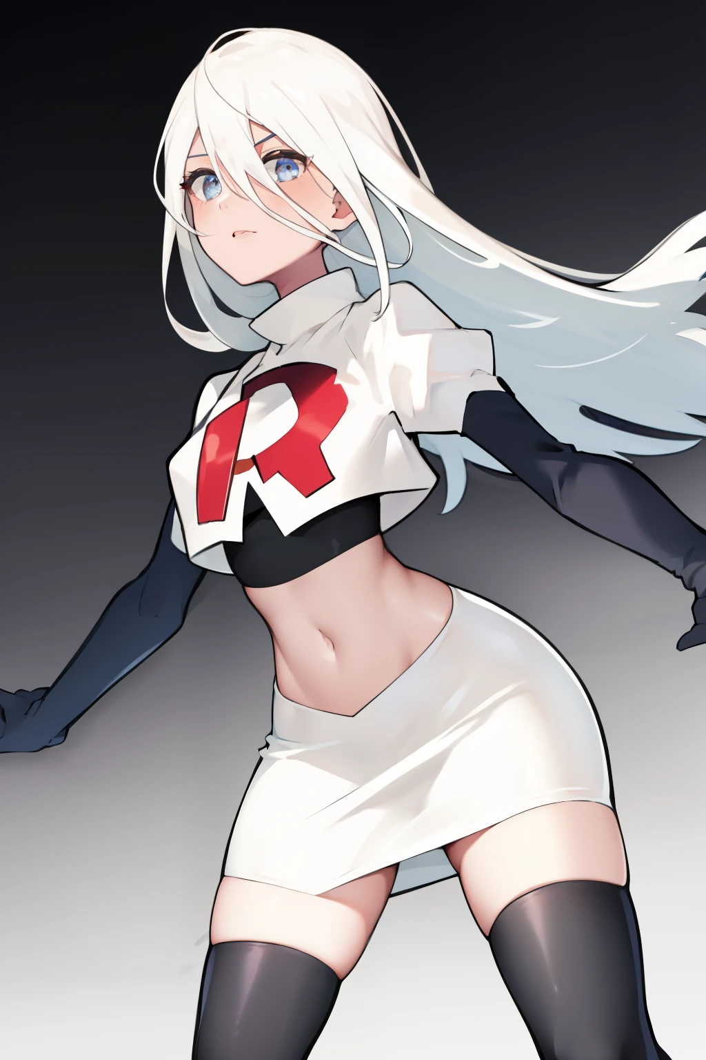 yorha type a no. 2, 1girl, absurdres,  android, blue eyes, hair between eyes, long hair, robot, solo, white hair, 

team rocket,team rocket uniform,white skirt,red letter R,crop top,black thigh-highs,black elbow gloves
