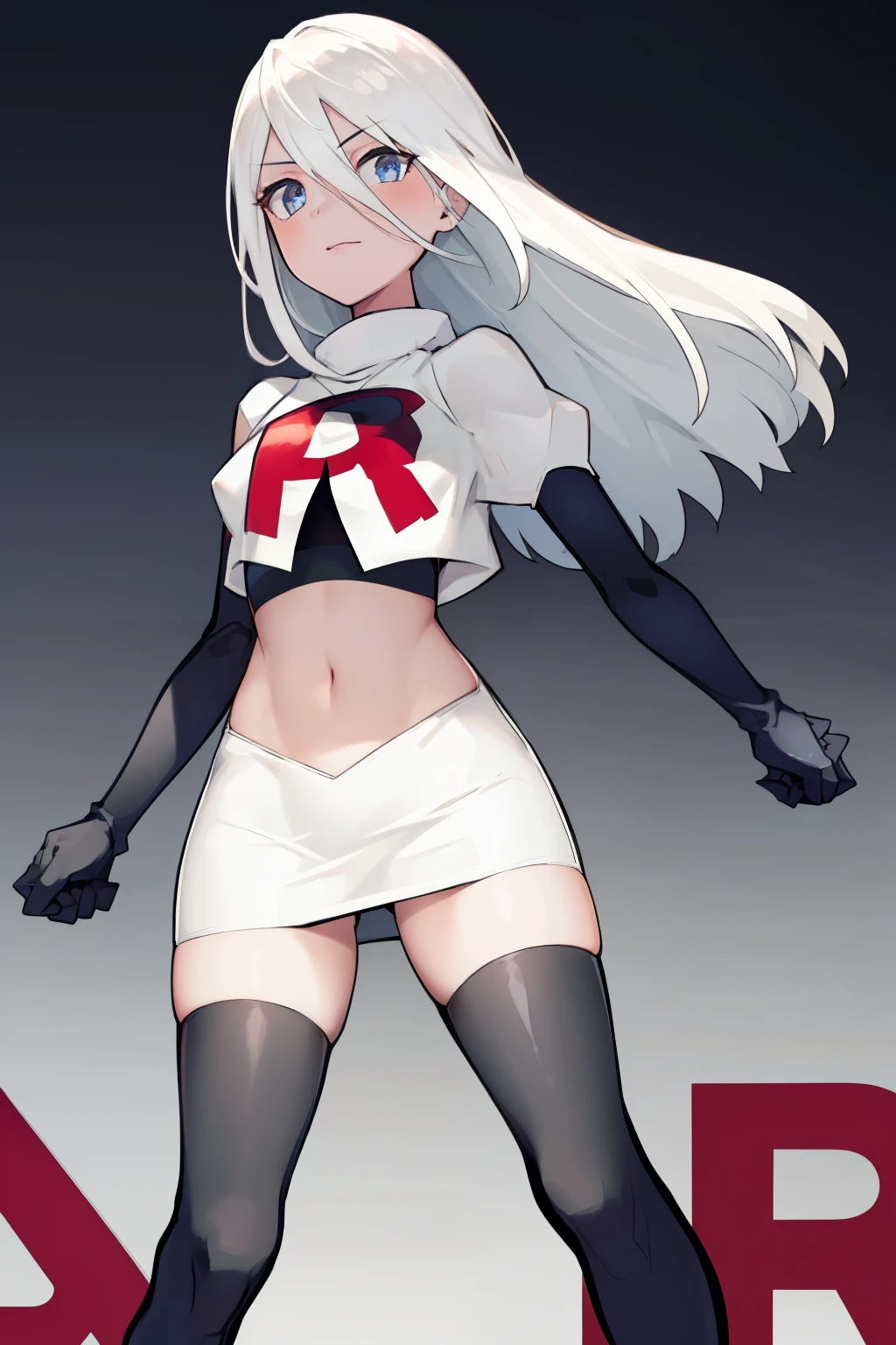 yorha type a no. 2, 1girl, absurdres,  android, blue eyes, hair between eyes, long hair, robot, solo, white hair, 

team rocket,team rocket uniform,white skirt,red letter R,crop top,black thigh-highs,black elbow gloves
