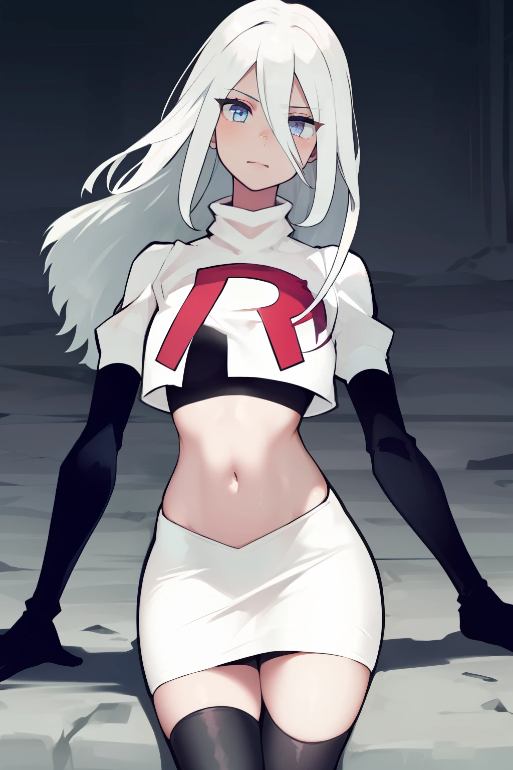 yorha type a no. 2, 1girl, absurdres,  android, blue eyes, hair between eyes, long hair, robot, solo, white hair, 

team rocket,team rocket uniform,white skirt,red letter R,crop top,black thigh-highs,black elbow gloves
