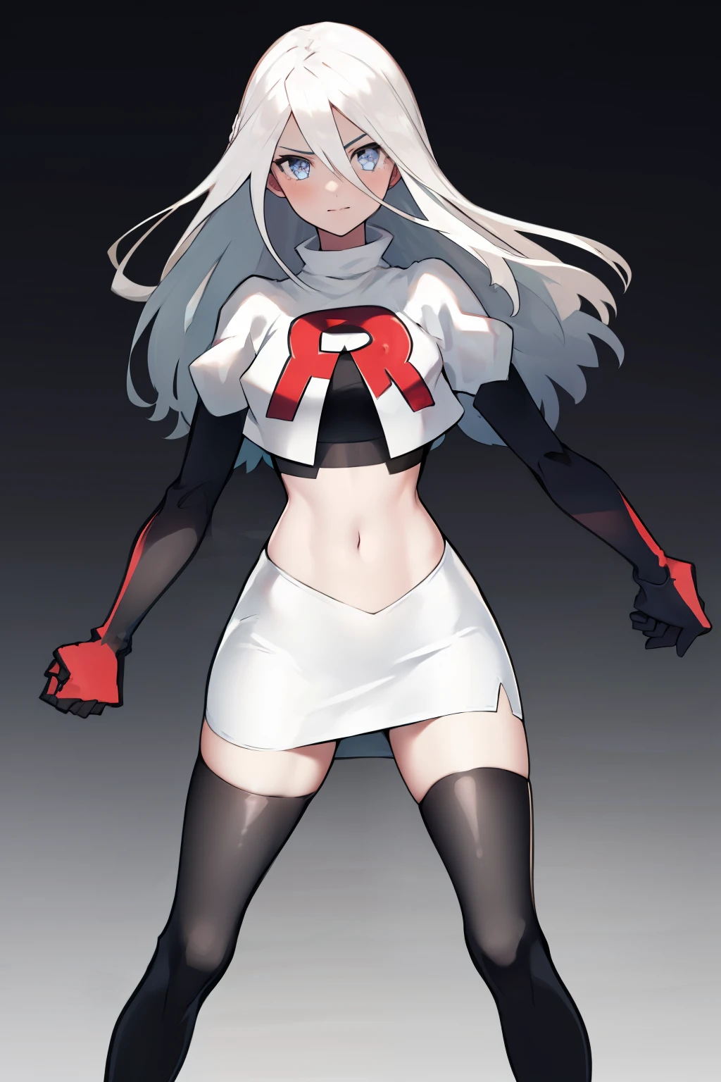 yorha type a no. 2, 1girl, absurdres,  android, blue eyes, hair between eyes, long hair, robot, solo, white hair, 

team rocket,team rocket uniform,white skirt,red letter R,crop top,black thigh-highs,black elbow gloves
