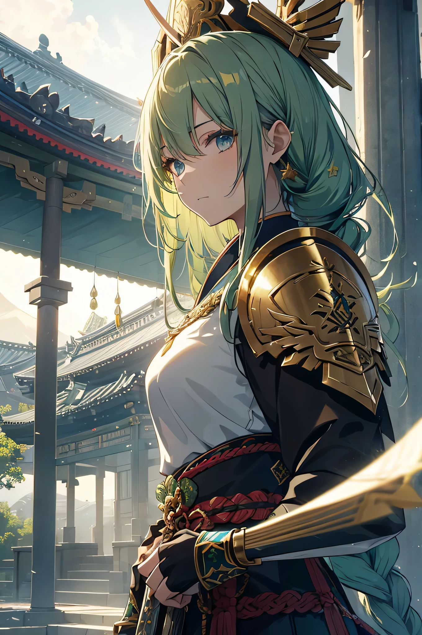4K,High resolution,one woman,green hair,long hair,Braid,blue eyes,Valkyrie,warrior,gray holy armor,heavy armor,hat with feathers,Jewelry Decoration,gold decoration,sacred Japanese sword,temple in the sky