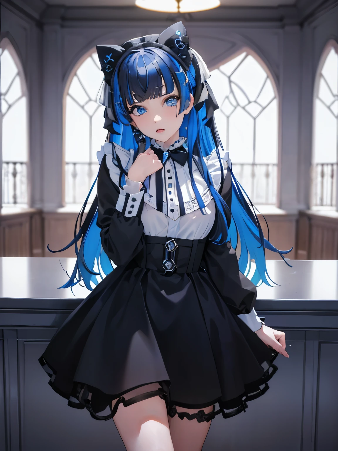 masterpiece, best quality, NSFW, 1girl, blue eyes, detailed facial features, realistic and high resolution (best quality, 4k, 8k, highres, masterpiece:1.2).(two-tone hair, blue hair, black hair), maid