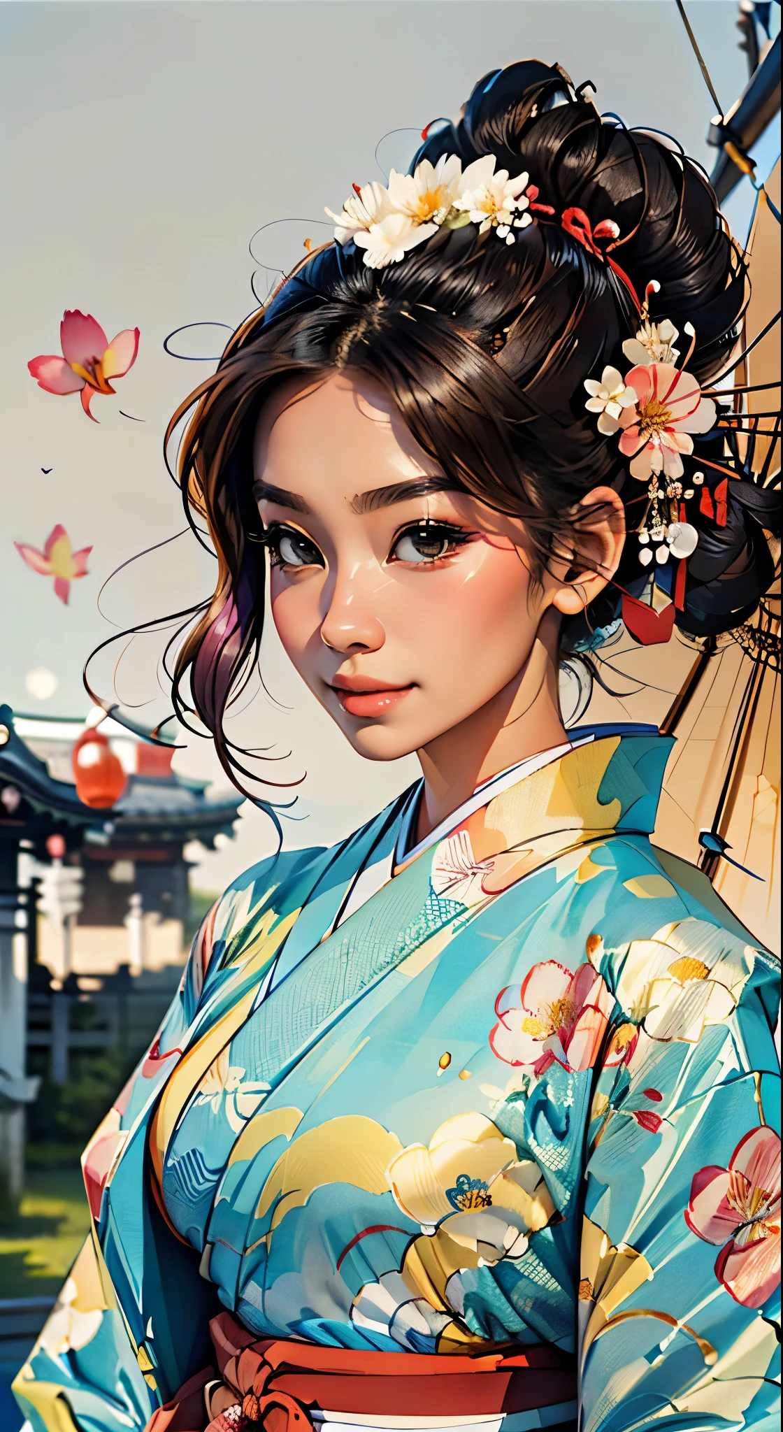 8K, top-quality, hight resolution, Bishoujo 1 25 years old, Flower steamed buns,A slight smil, (traditional Japanese kimono:1.3)、Luxury kimono、no wrinkles at all,watercolor paiting, (Flower hair ornament:1.3)