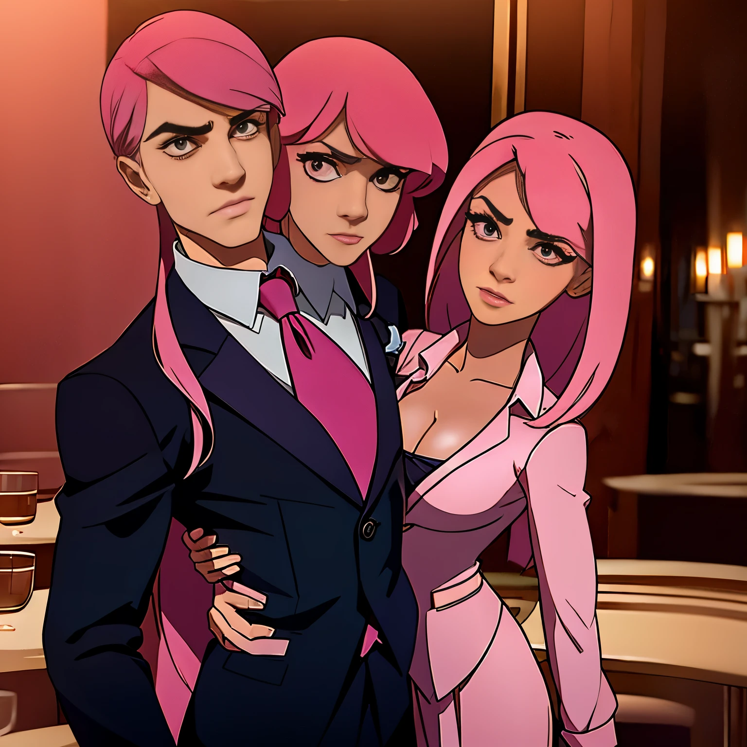 (2heads), conjoined dicephalus,1man, feminine face; male people、Beautiful skin、long eyelashes、Glaring at me、Pink hair、length hair、bewitching、facial hair, open low cut shirt、、Beautiful suit、long limbs、Wolfcut、smoking tobacco、murky、long bangs、Bangs flowing to the left、Thin and beautiful eyebrows,slim, ((no breasts)):1.5, perfect eyes