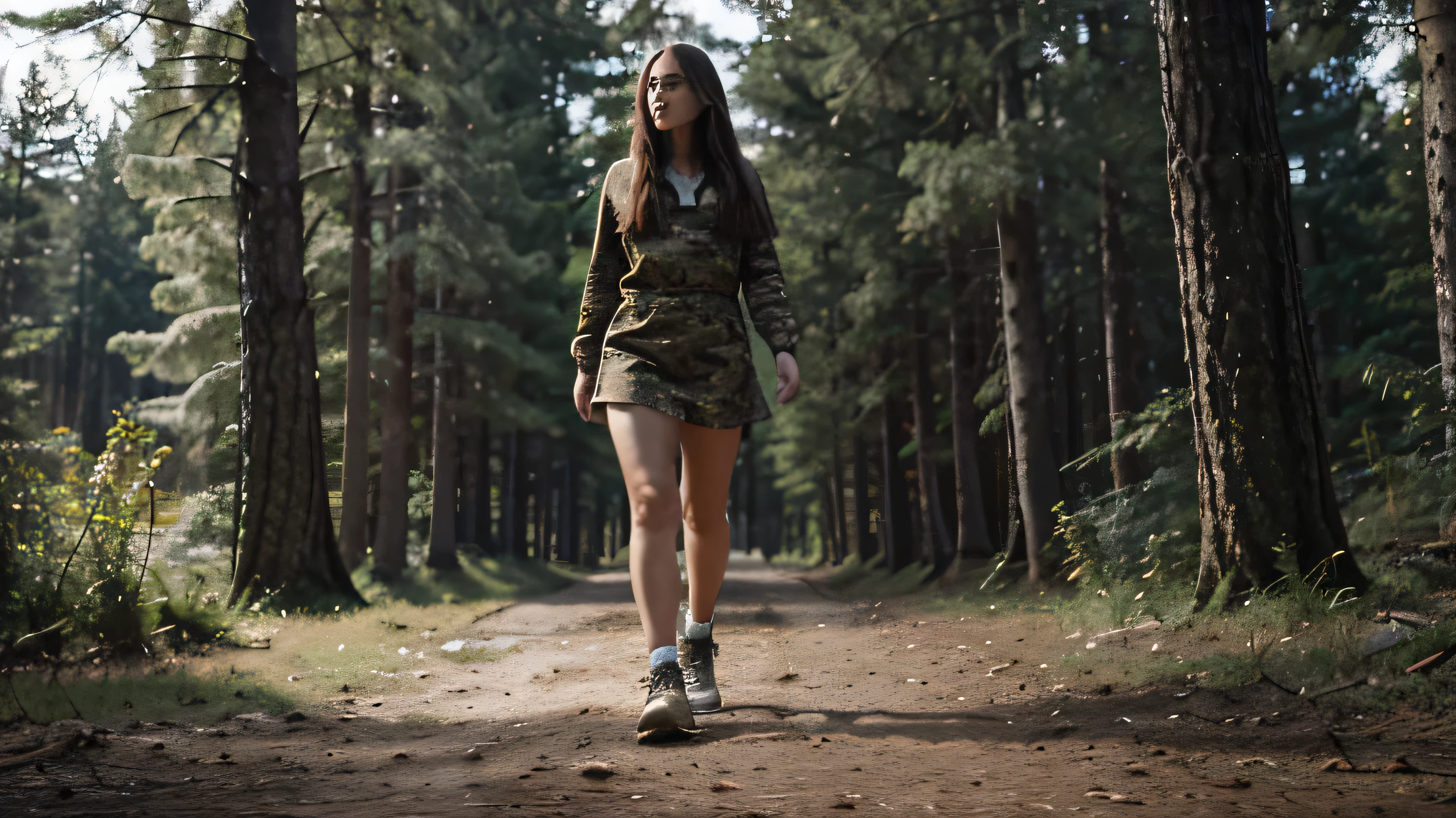 Gerar um, cinematic image of a young woman looking forward, No centro da cena, showing your entire body from head to toe. Ela tem cabelo comprido e usa roupas camufladas, along with sneakers. Woman is walking among the trees in a forest, com uma atmosfera sombria ao seu redor. Your steps are long, and your eyes are fixed on the ground, indicating a frightened expression. Her facial expression clearly shows the fear she feels when running away from something threatening that is present in the environment... The image must be realistic and convey a cinematic atmosphere.