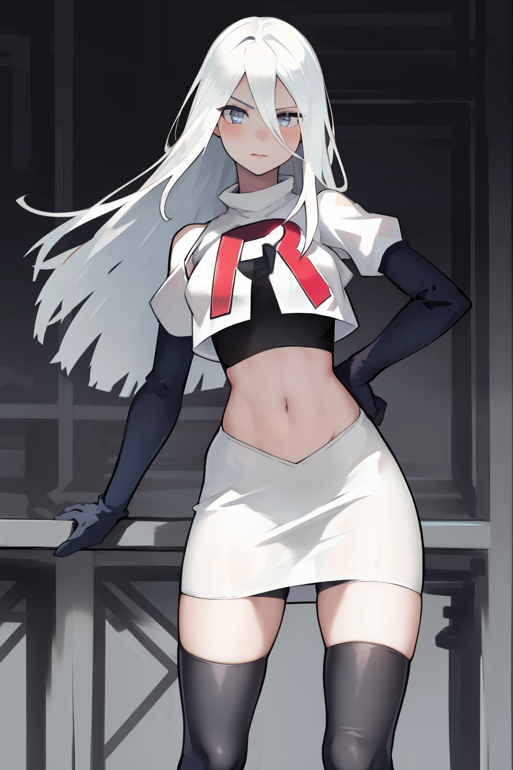 yorha type a no. 2, 1girl, absurdres,  android, blue eyes, hair between eyes, long hair, robot, solo, white hair, 

team rocket,team rocket uniform,white skirt,red letter R,crop top,black thigh-highs,black elbow gloves
