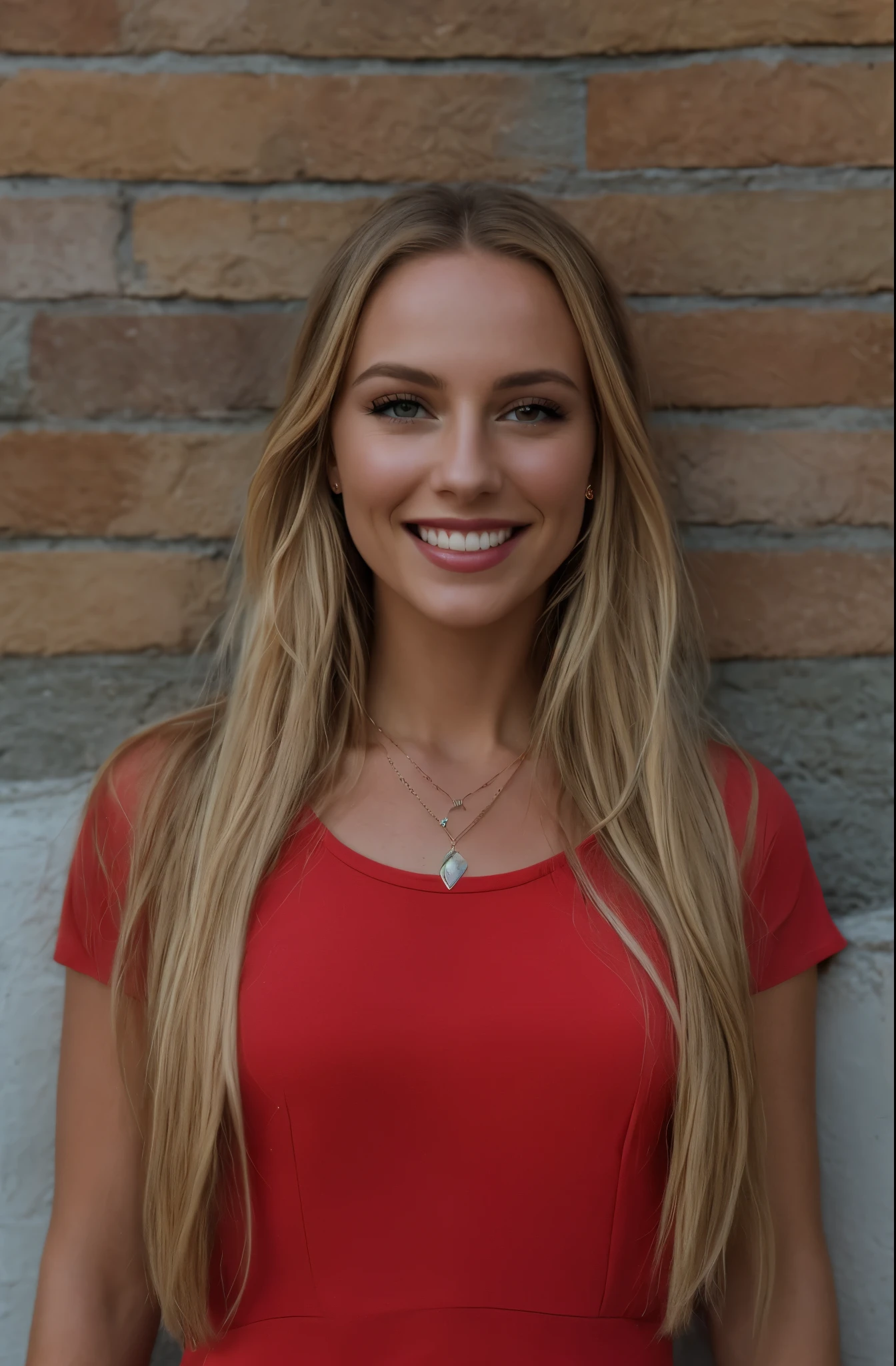 woman,against wall,blonde hair,brick wall,jewelry,lips,long hair,looking at viewer,necklace,pendant,photorealistic,realistic,naked,smile,solo,teeth,upper body,wall,