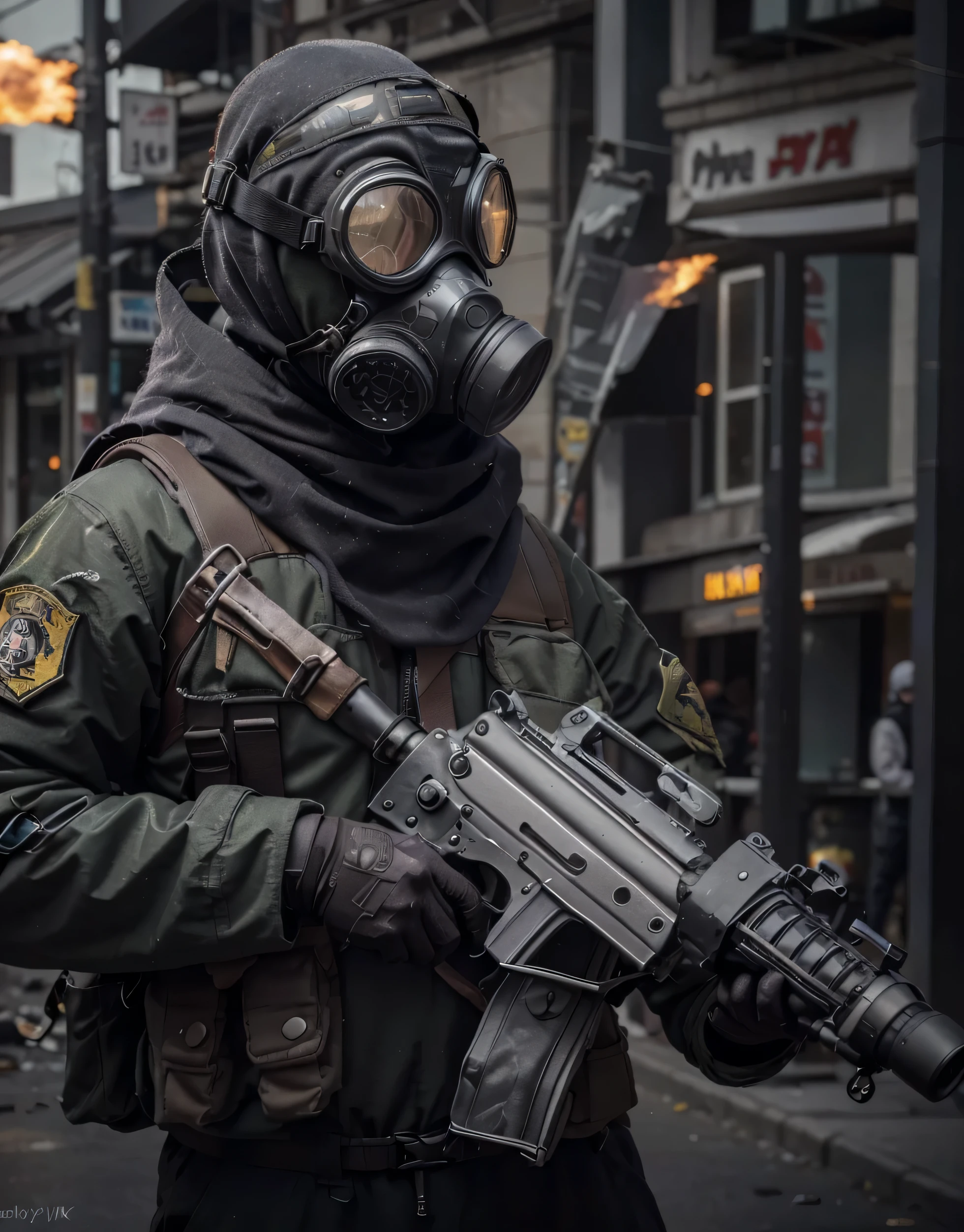 Soldado masculino, tactical anti gas mask with round visors with violet crystal and tactical anti gas mask, hijab morado, mochila militar, mono gris claro, metallic bulletproof vest, arneses y cinturones con municiones, guantes de cuero negro, botas militares negras , un lanzagranadas, He is in a gloomy modern city completely destroyed., big explosion of scarlet smoke, 4k, ultra detallado image, Realista, muy detallado, perfect composition, gorgeous, Intrincadamente detallado, incredibly detailed, 8 k artistic photography, hiper detallado, trabajo magistral, ultra detallado, hyper Realista, 4k, ultra detallado image, Realista, muy detallado, perfect composition, hermoso, Intrincadamente detallado, incredibly detailed, 8 k artistic photography, hiper detallado, obra maestra