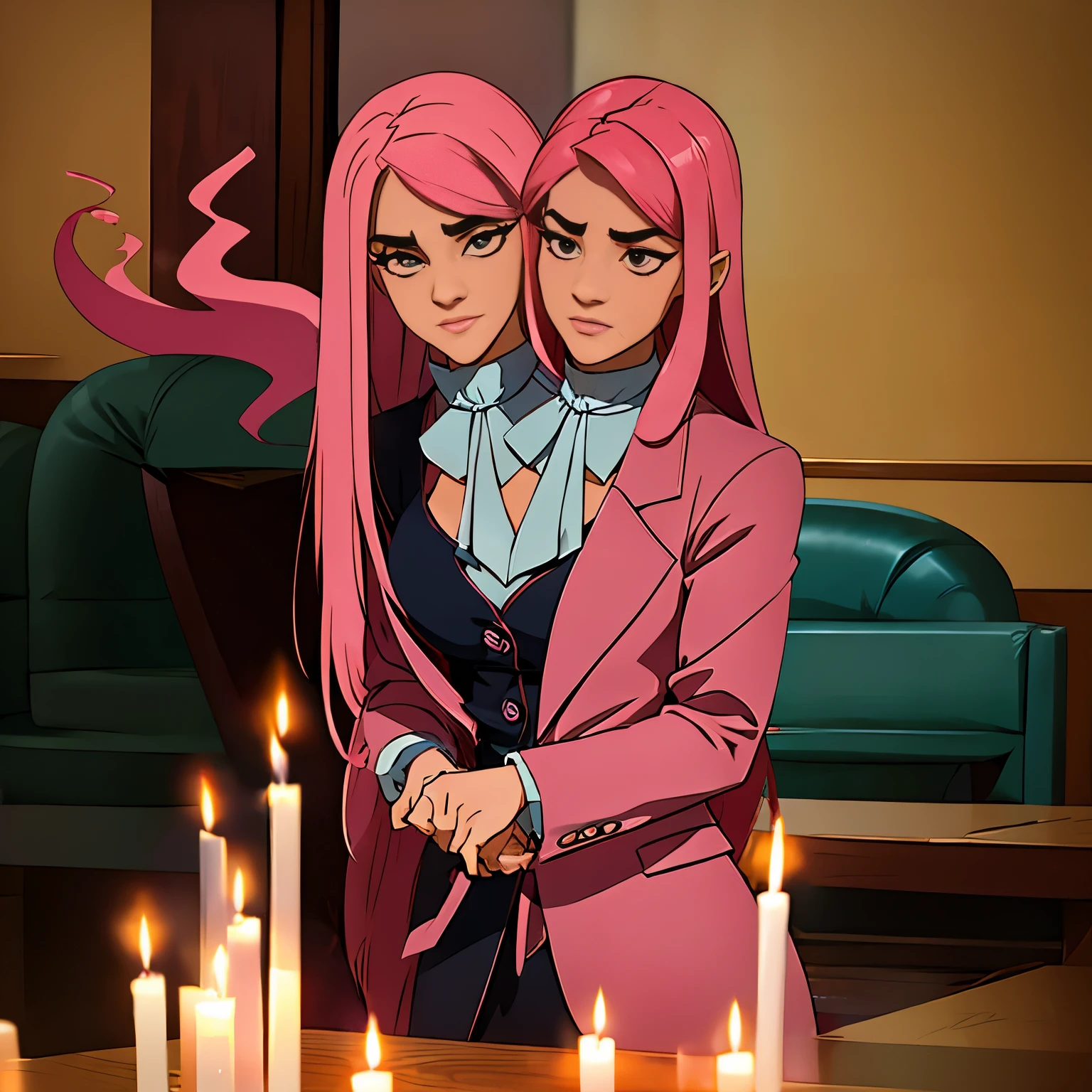 (2heads), conjoined dicephalus,1man, feminine face; male people、Beautiful skin、long eyelashes、Glaring at me、Pink hair、length hair、bewitching、facial hair, open lowcshirt、、Beautiful suit、long limbs、Wolfcut、smoking tobacco、murky、long bangs、Bangs flowing to the left、Thin and beautiful eyebrows