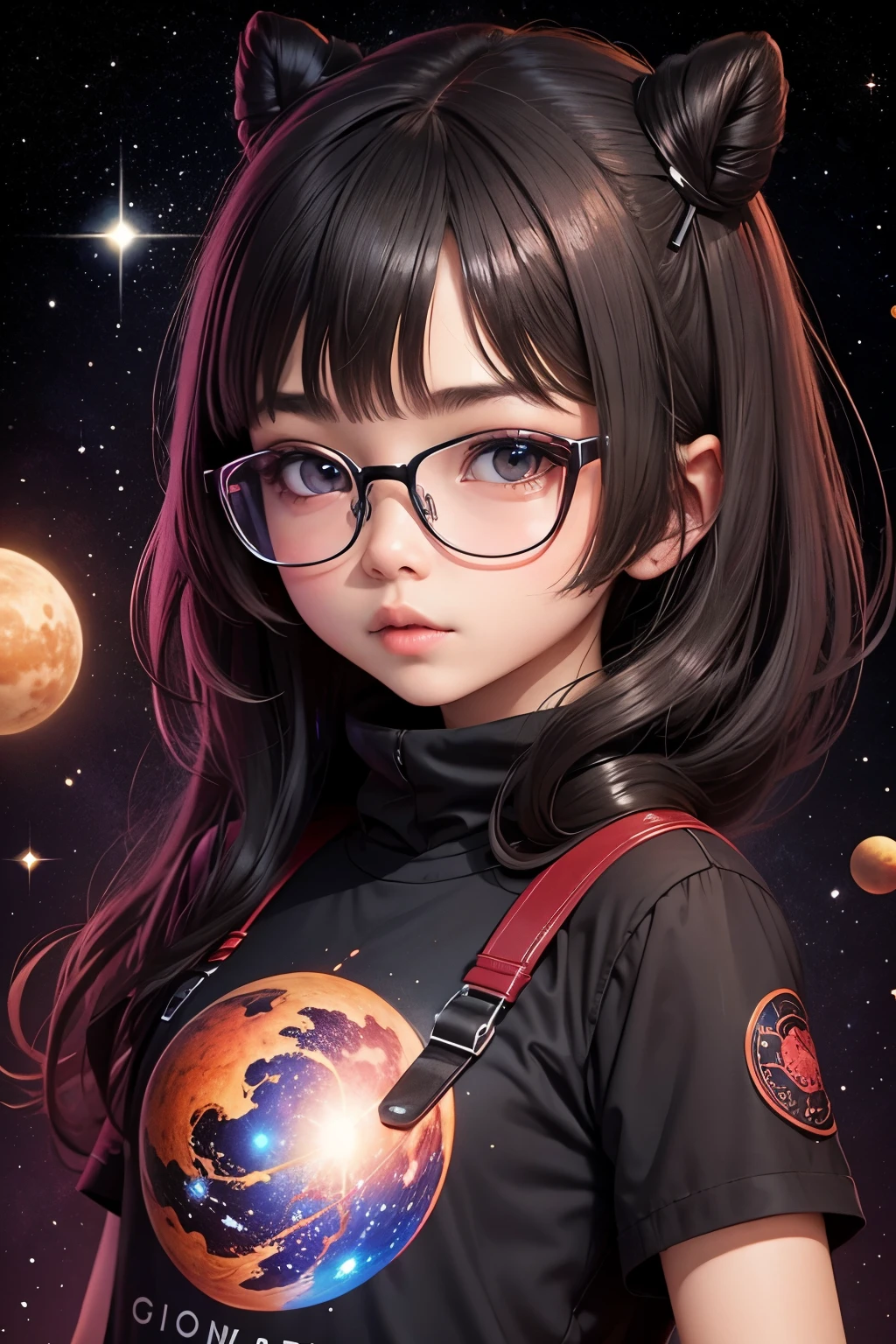 Chibi girl teaching cosmology、red glasses、Galaxy painting on background