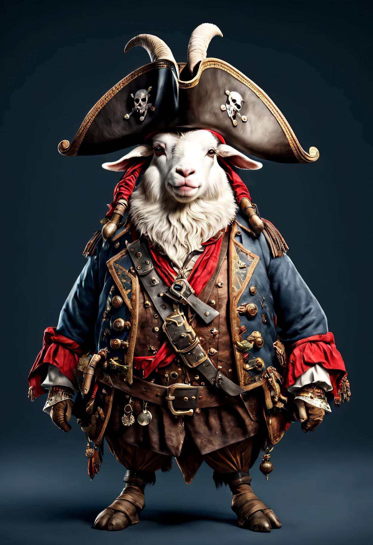 photorealistic portrait of Dressed animals - a ((fat)) goat pirate,(brave pose), high quality,(lovely) ,intricate details, highly detailed ((pirate's hat and clothes)) ,,highly detailed decorations, , (brave), studio lighting,(full body image:1.5)