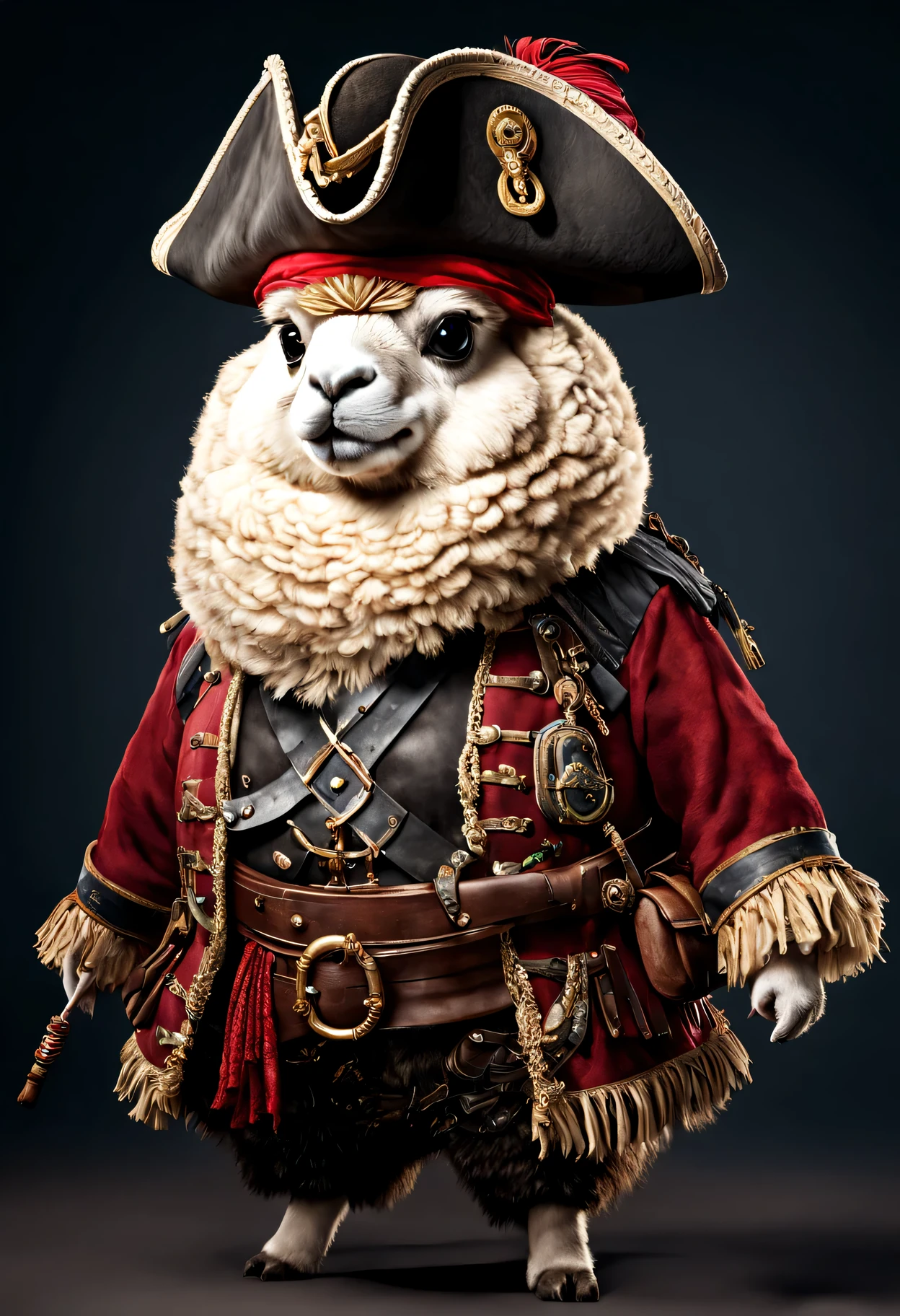 photorealistic portrait of Dressed animals - a ((fat)) alpaca pirate,(brave pose), high quality,(lovely) ,intricate details, highly detailed ((pirate's hat and clothes)) ,,highly detailed decorations, , (brave), studio lighting,(full body image:1.5)