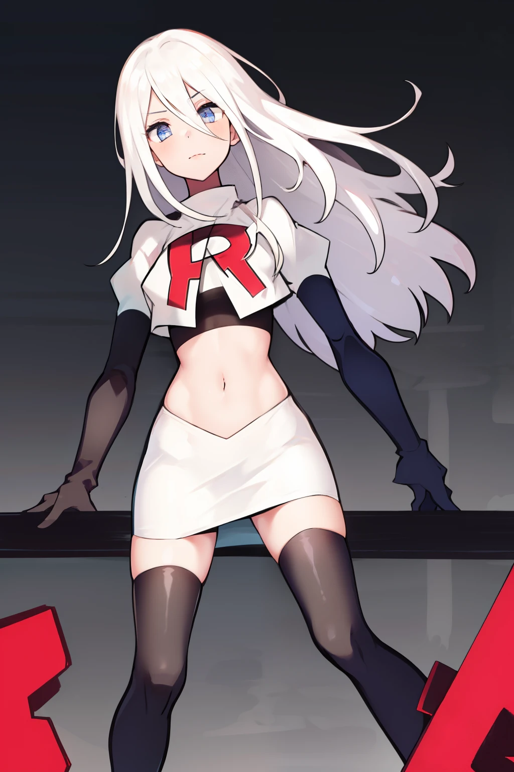 yorha type a no. 2, 1girl, absurdres,  android, blue eyes, hair between eyes, long hair, robot, solo, white hair, 

team rocket,team rocket uniform,white skirt,red letter R,crop top,black thigh-highs,black elbow gloves
