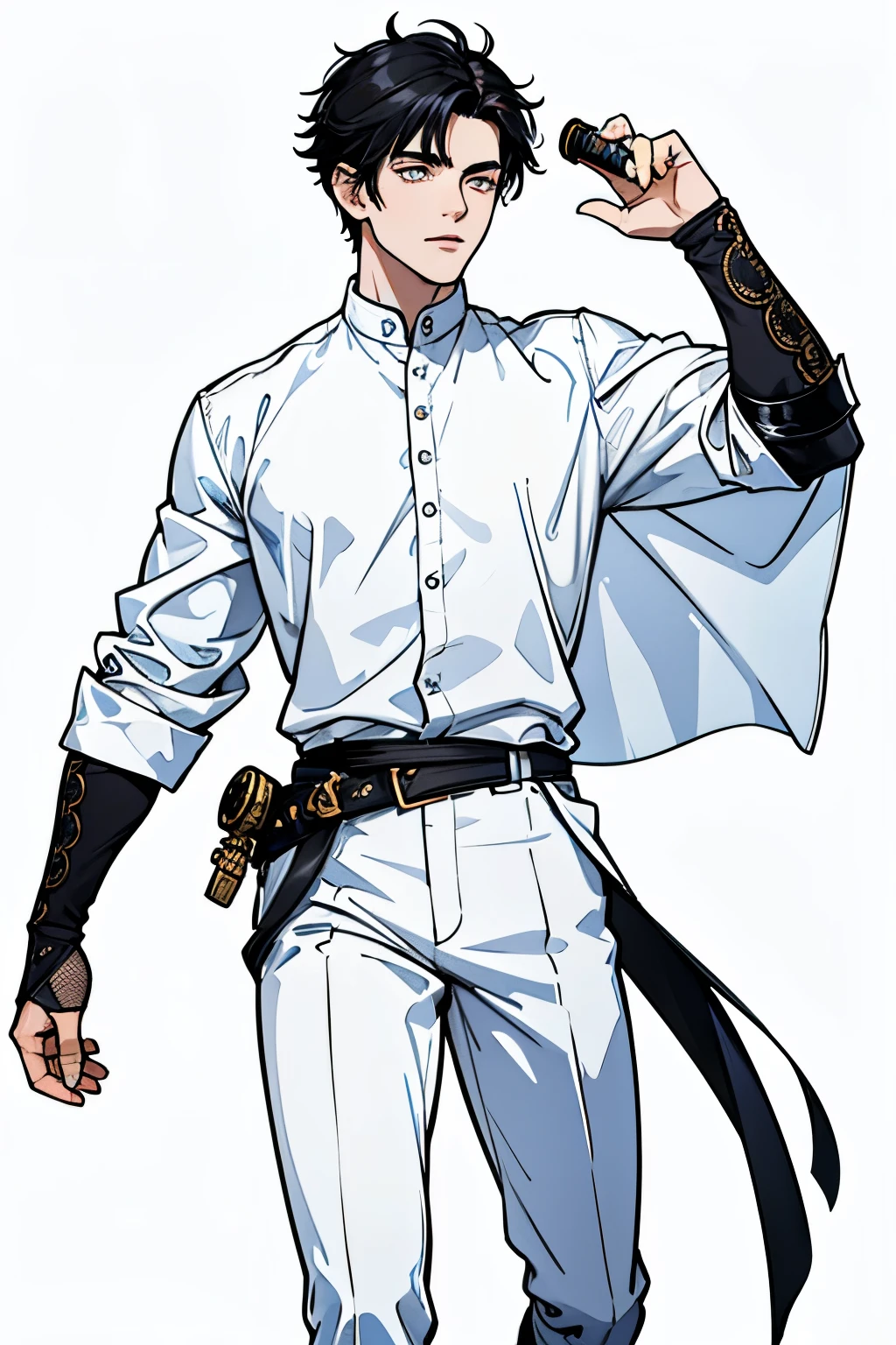 A 24-year-old white man with a teenage appearance, thin body, green eyes, light brown hair with short bangs, a thin beard, playing video games, white shirt inside black pants with chains on each side, black leather boots and accessories on his wrist, rings on his fingers, joystick earrings, looking cute, ultra hd, high resolution